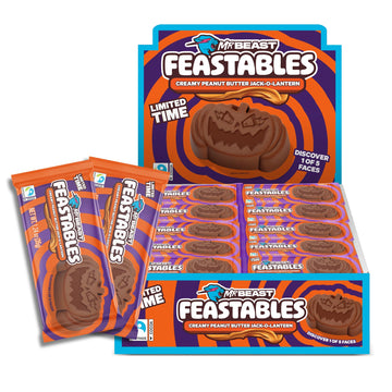 Feastables Mrbeast Peanut Butter Jack-O-Lantern, Milk Chocolate & Creamy Peanut Butter Filling, Cups For Mature-Themeds & Kids, Chocolate Candy For Halloween Snacks, Made With Fairtrade Cocoa, 30 Count