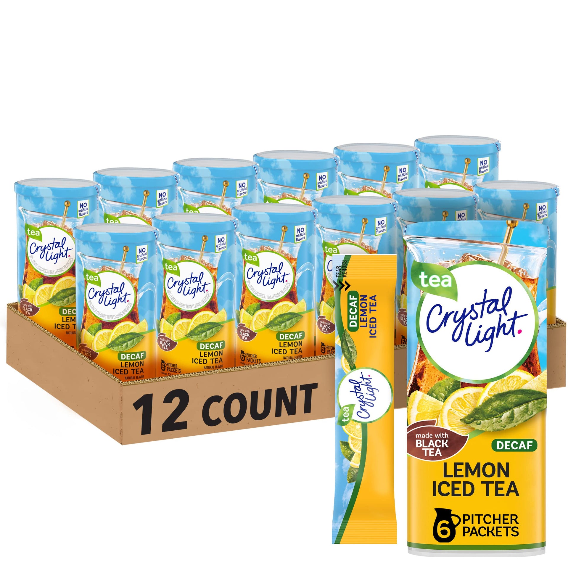 Crystal Light Decaf Lemon Iced Tea Naturally Flavored Powdered Drink Mix, 72 Ct Pack, 12 Canisters Of 6 Pitcher Packets