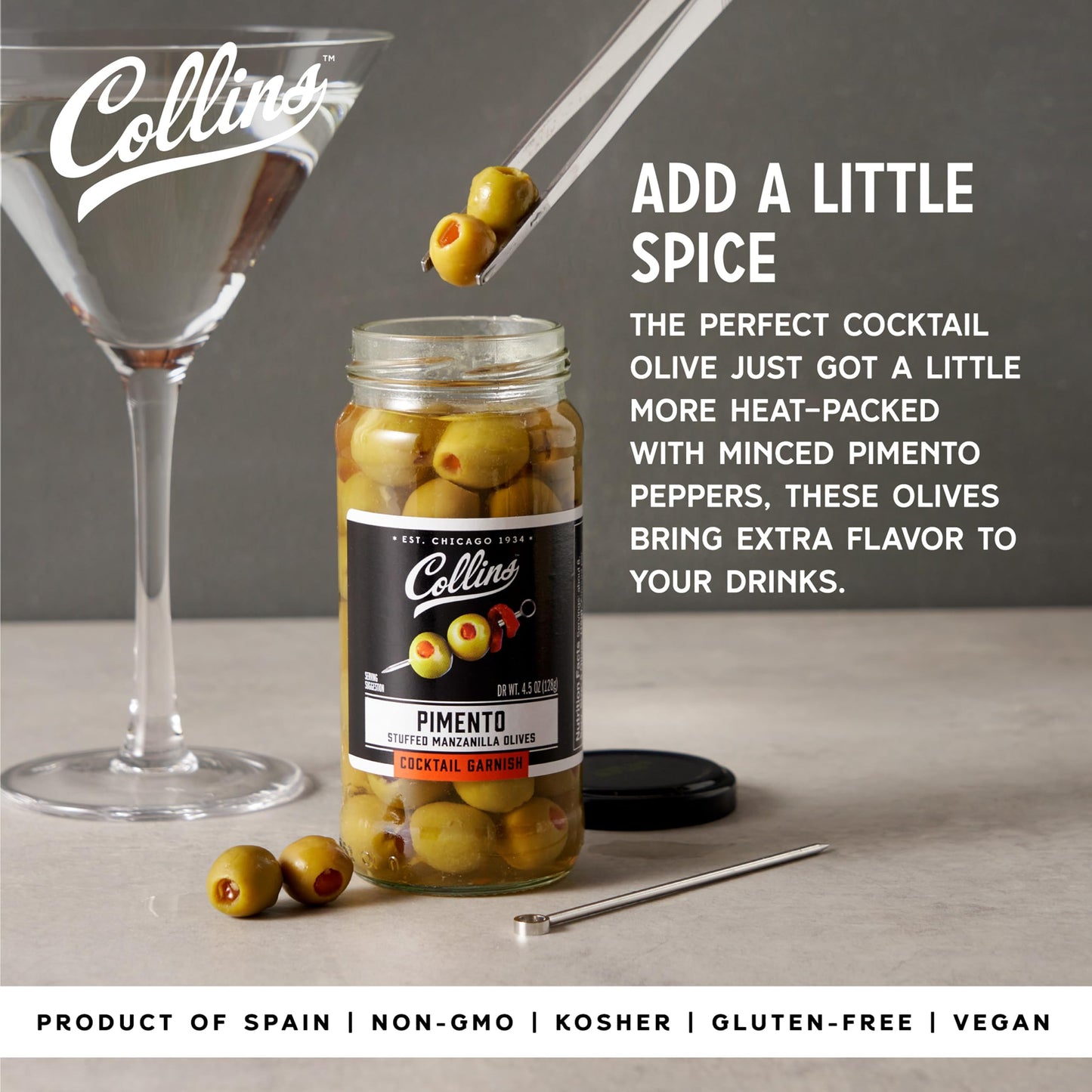 Collins Manzanilla Martini Pimento Olives, 5 oz, Popular Cocktail Garnish, Perfect for Dirty Martinis and Bloody Marys