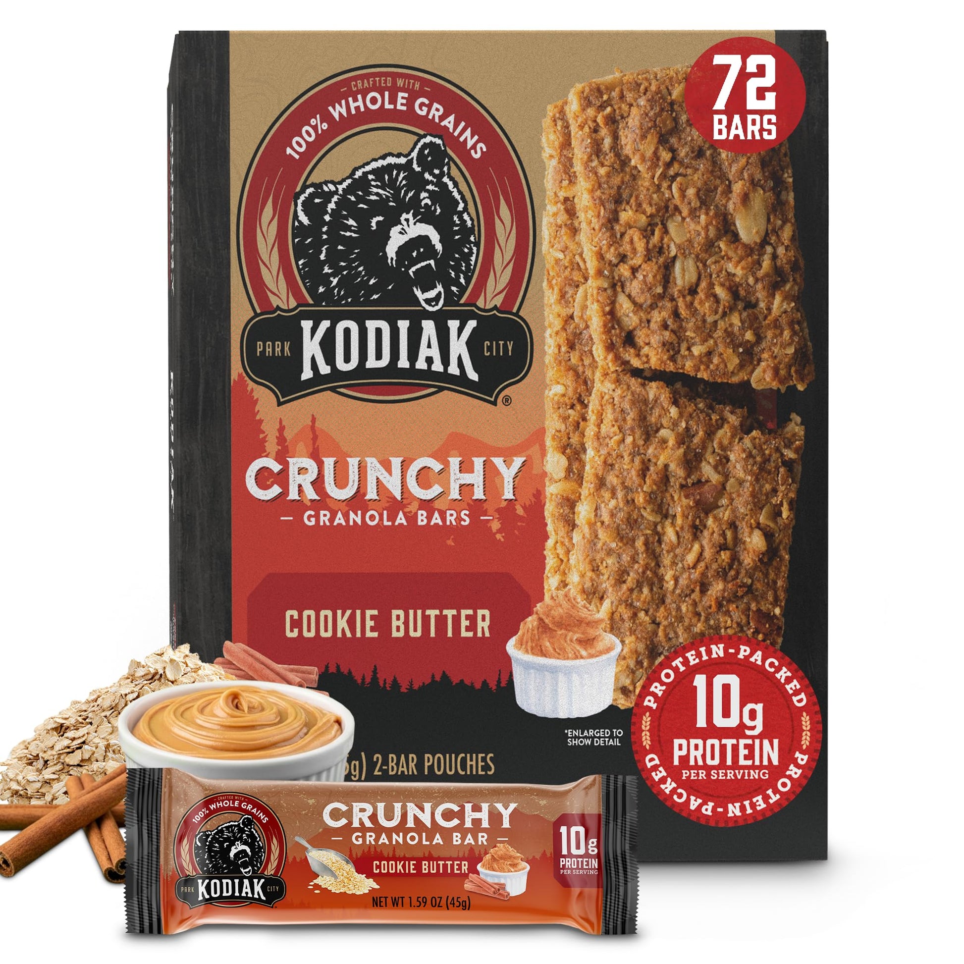 Kodiak Cakes Crunchy Granola Protein Snack Bars, Cookie Butter, 12 Count (Pack of 12), 100% Whole Grains, High Protein