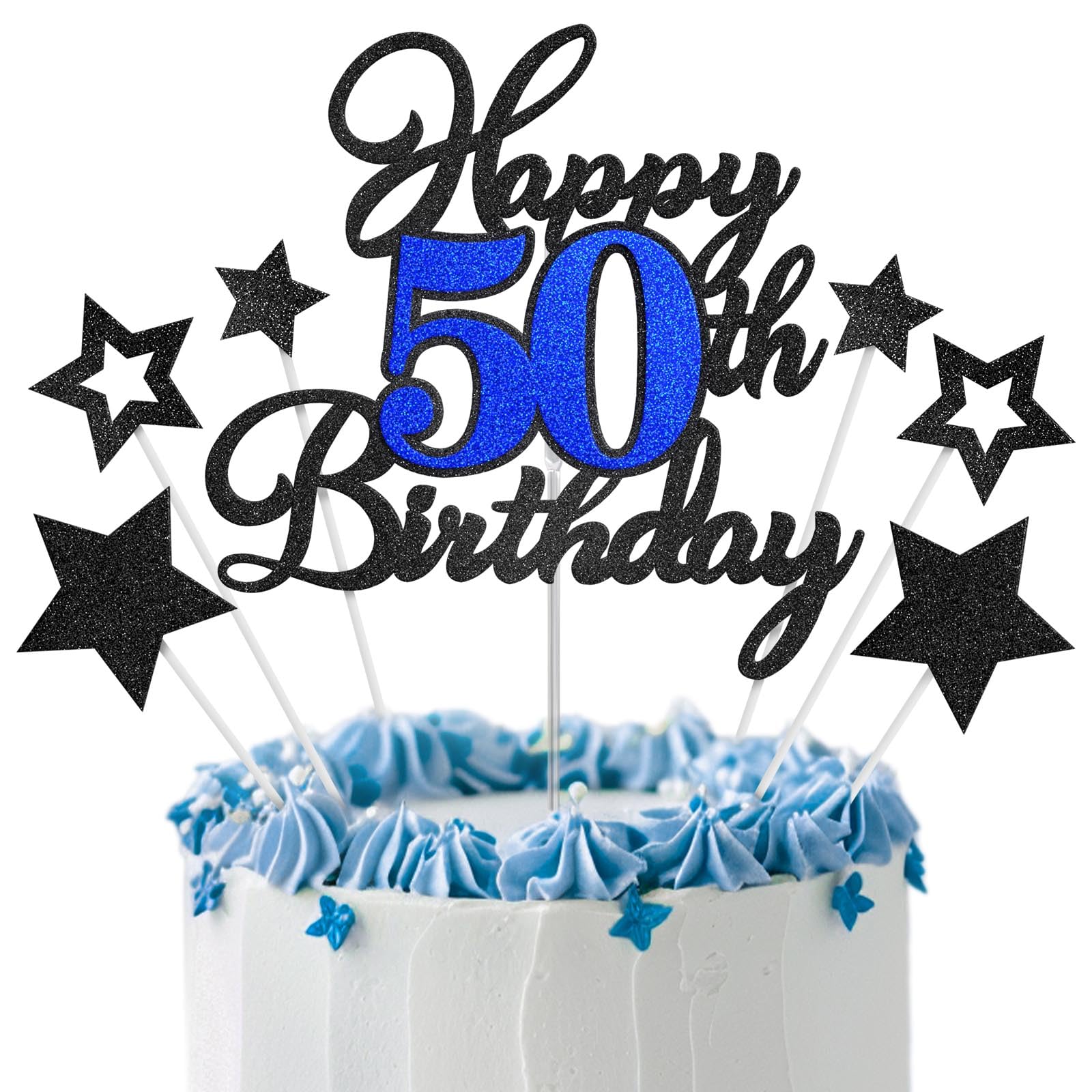 Happy 50th Birthday Cake Toppers, Black Blue Glitter Cake Decorations Set, 50th Birthday Decor, Birthday Anniversary Party Decor