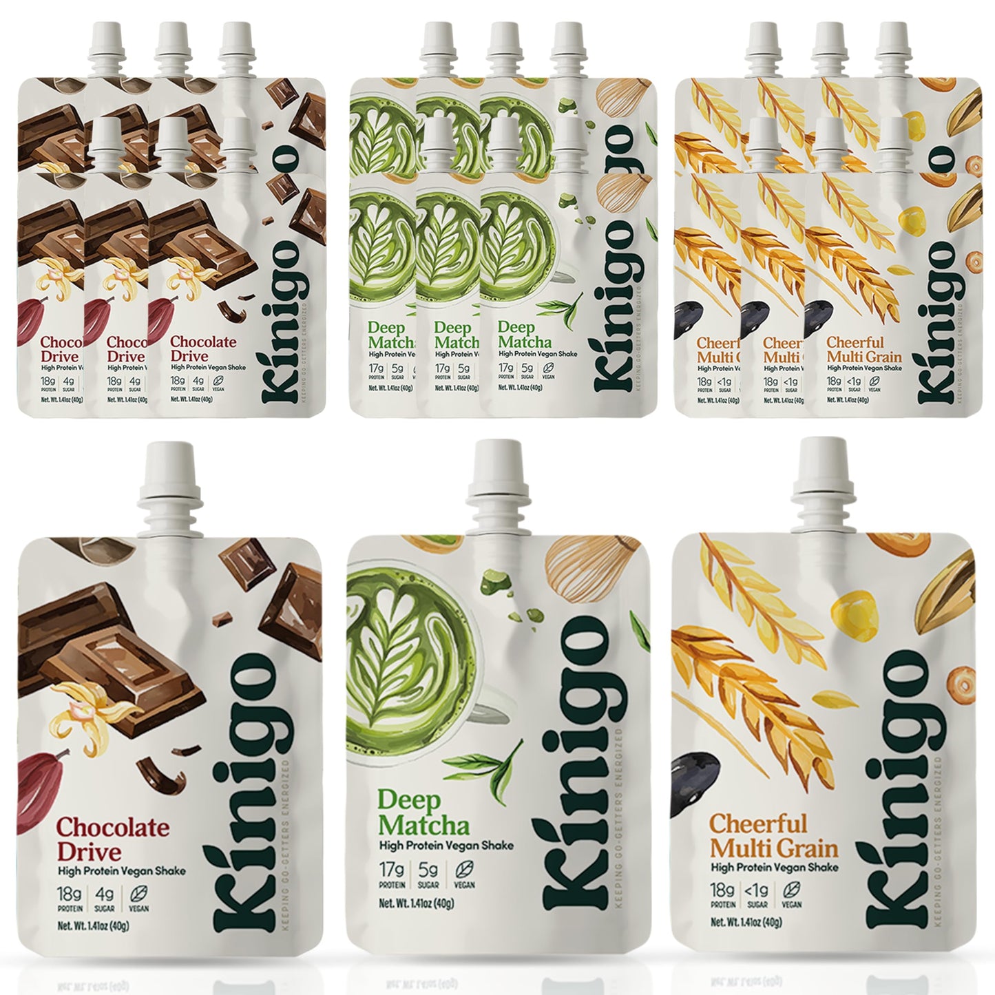 kinigo vegan high protein powder for meal replacement shake with Korean drinks flavor misugaru, matcha, and chocolate - great fo