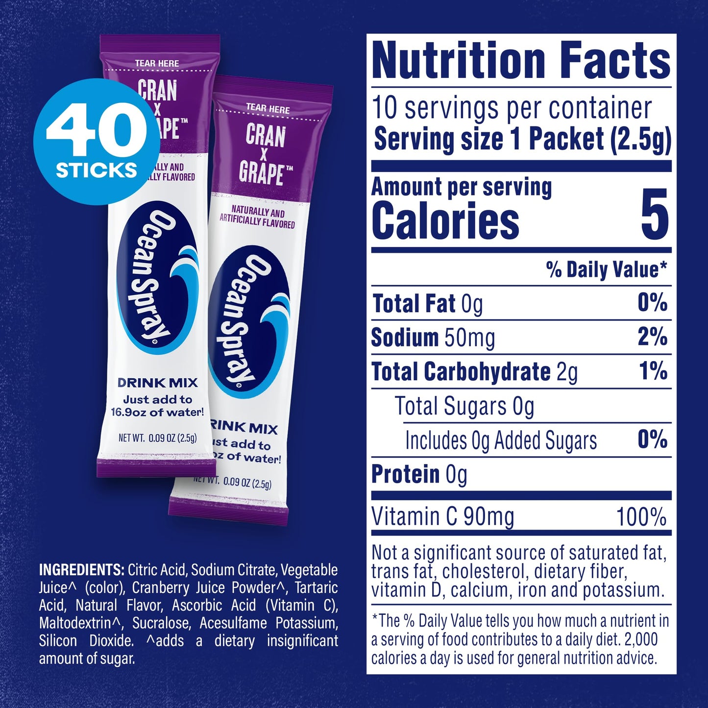 Ocean Spray Cran-Grape Zero Sugar Powder Drink Mix Packets With Real Cranberry Juice Powder, 100% Vitamin C, No Synthetic Dyes,