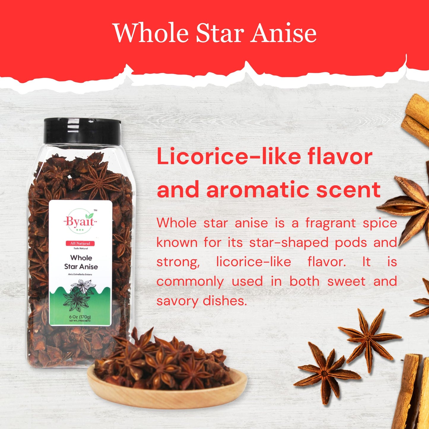 Byait Whole Star Anise, Premium Dried Chinese Anise for Tea and Cooking, 6 Oz