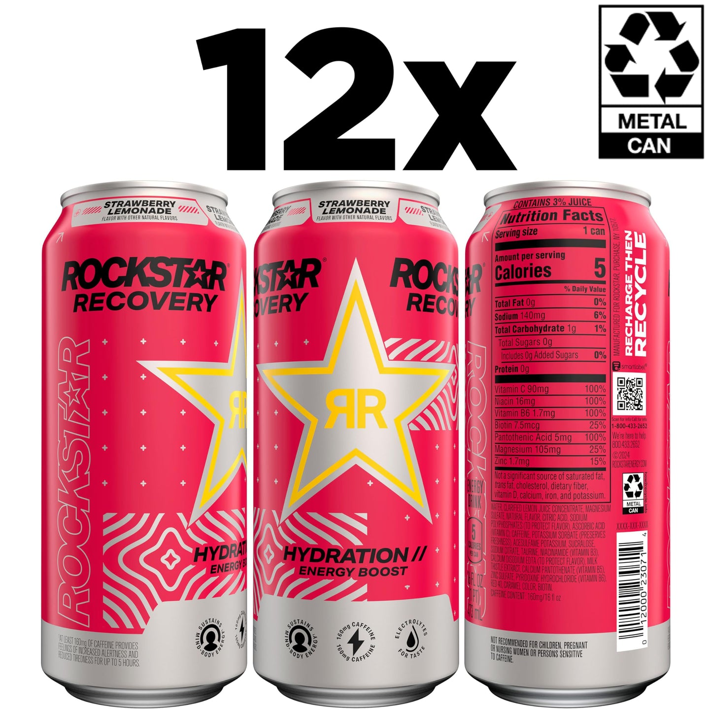 Rockstar Energy Drink, Recovery Strawberry Lemonade, 16oz, 12 Pack