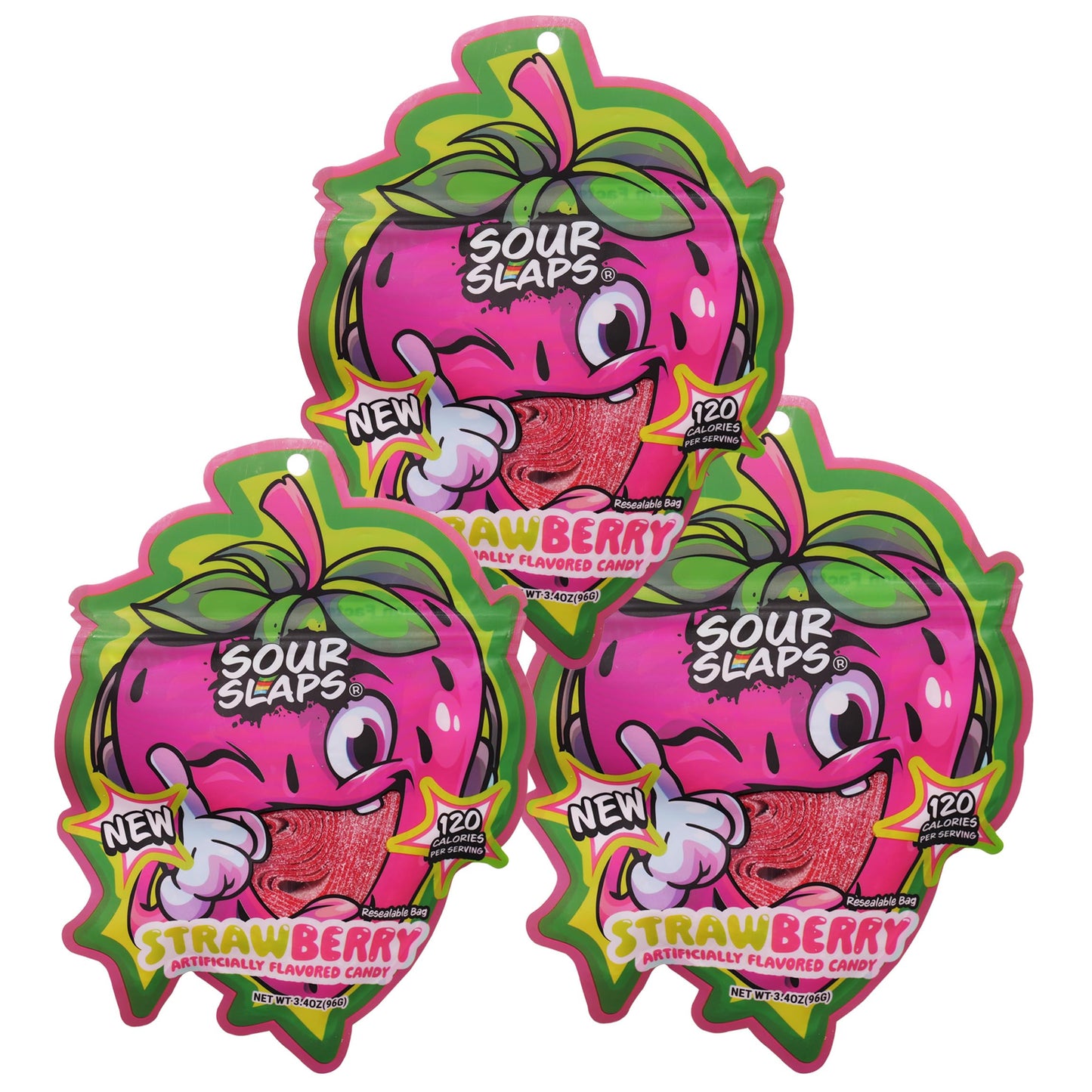 Sour Slaps Sour Candy Belts 3-Pack - Vegetarian, Chewy, Extreme Sour Kick, 8 Flavors Available, Strawberry Variant, Multi-color