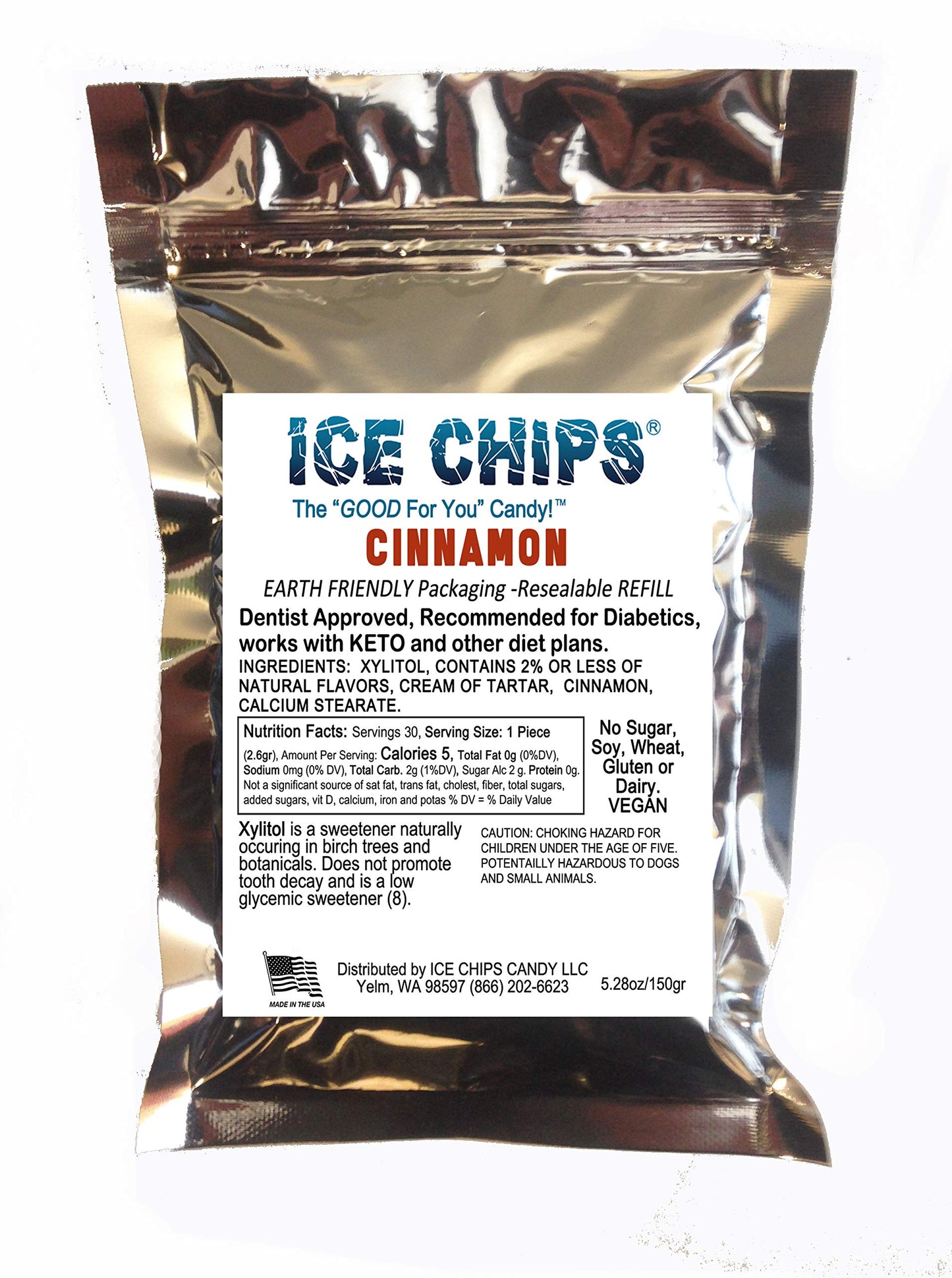 Ice Chips Xylitol Candy In Large 5.28 Oz Resealable Pouch; Low Carb & Gluten Free (Cinnamon)