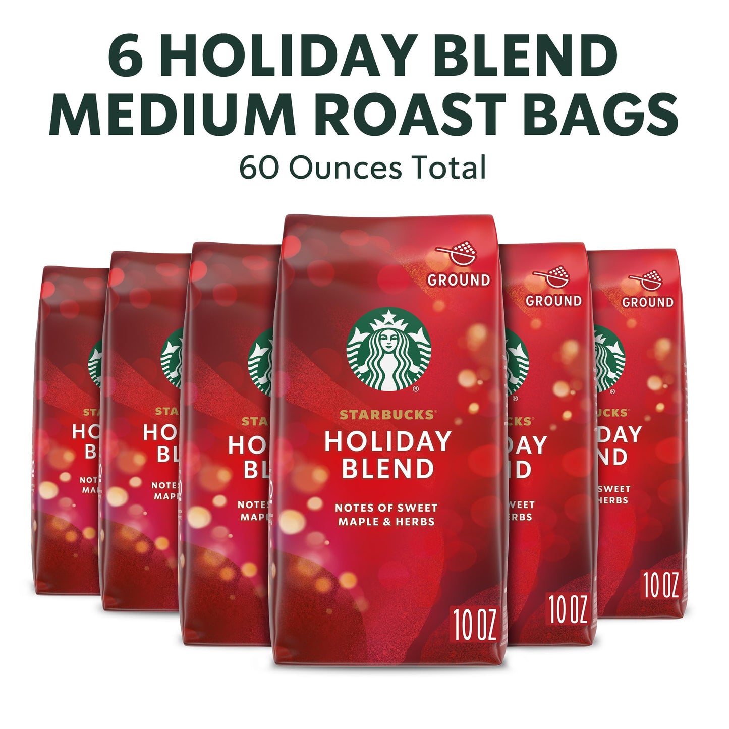 Starbucks Ground Coffee Holiday Blend, Medium Roast, 10 Oz Bags, 6-Pack, 100% Arabica, Limited Edition