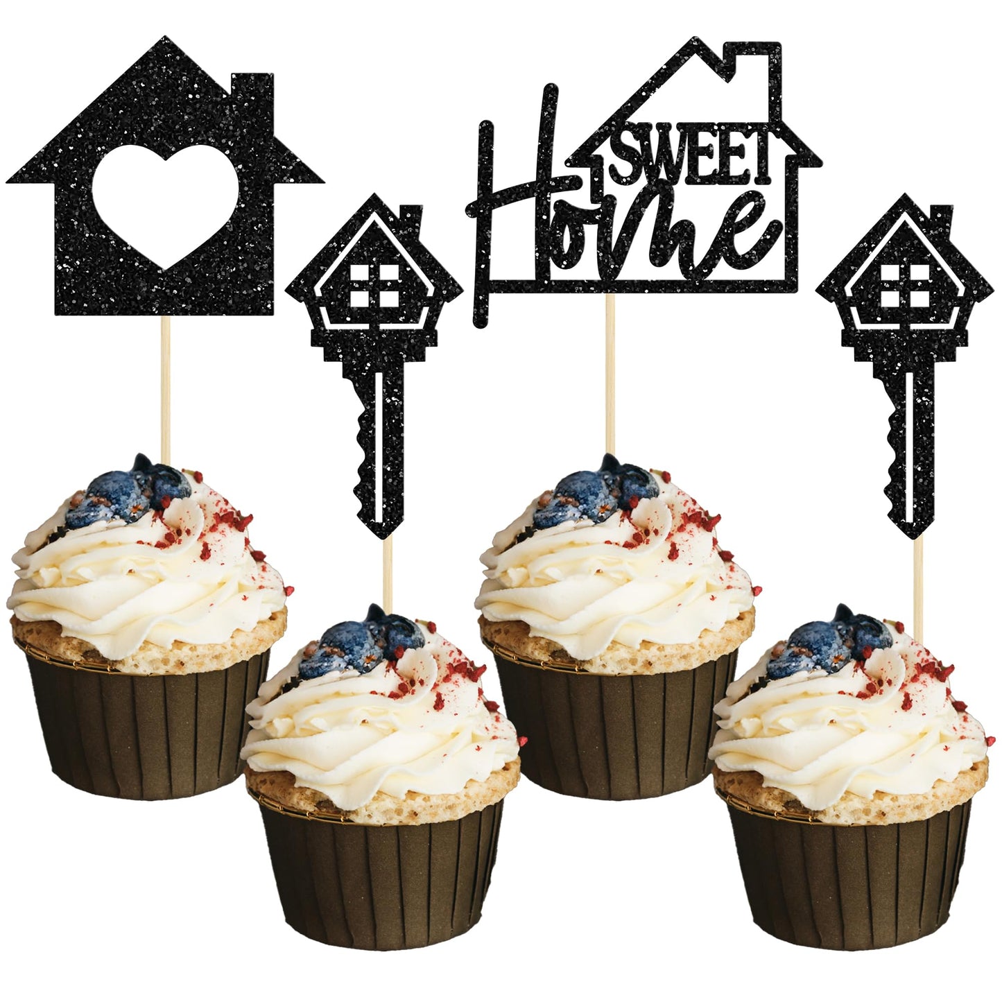 Gyufise Cupcake Toppers, 24 Pack, Glitter Key Housewarming Picks, 2.6x5.1 inches, Black, Paper