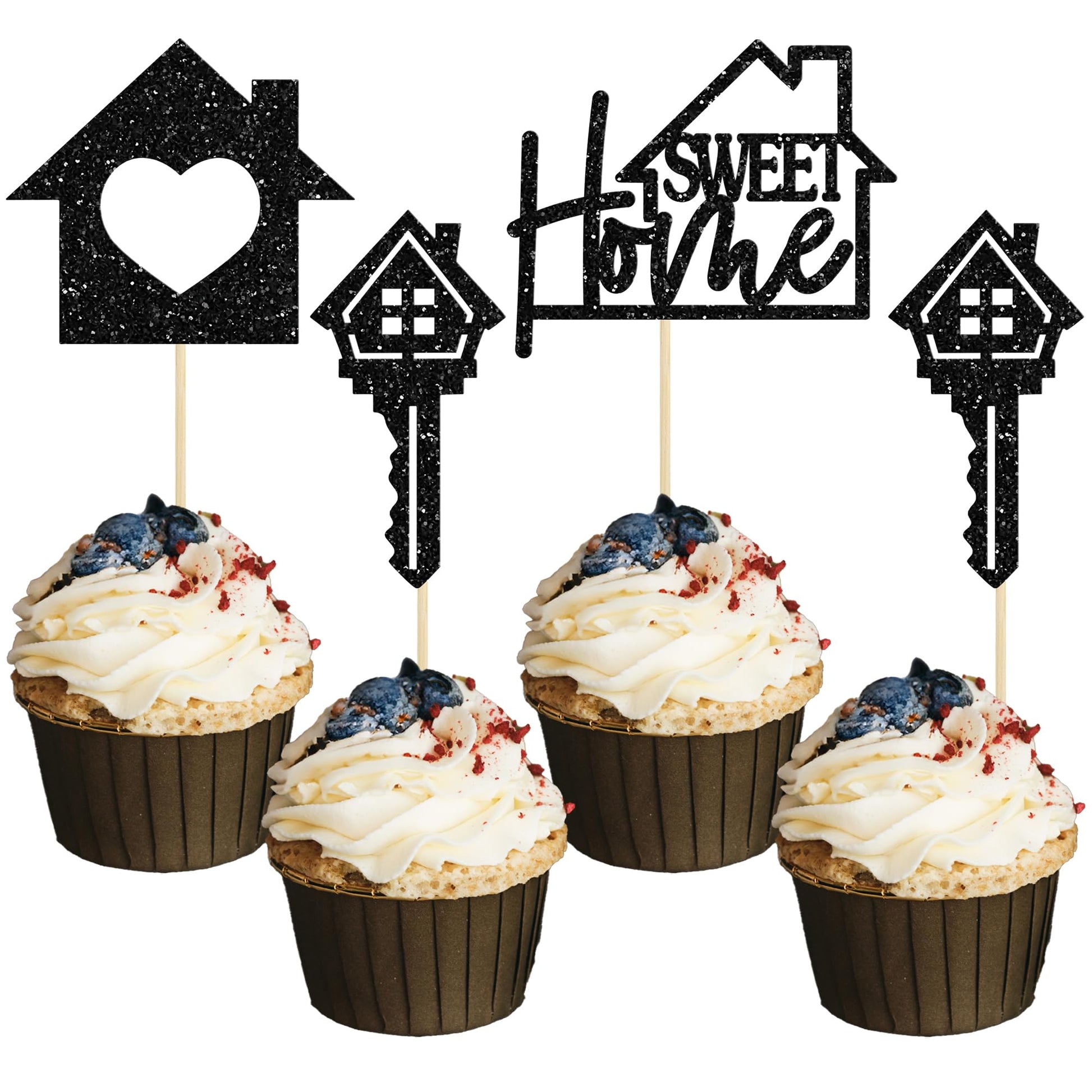 Gyufise Cupcake Toppers, 24 Pack, Glitter Key Housewarming Picks, 2.6x5.1 inches, Black, Paper