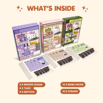 Hello Kitty Instant Boba Milk Tea Variety Kit, Brown Sugar, Taro, Match Flavor, With Taiwan Tapioca Pearls, Paper Straws Include