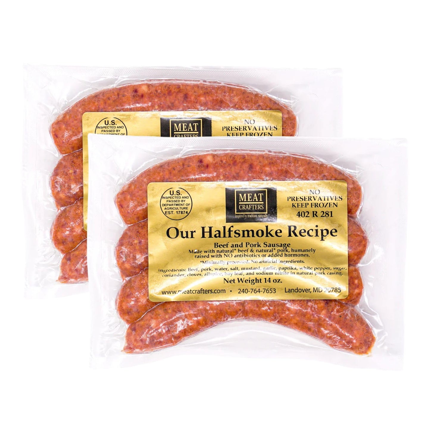 MeatCrafters Half Smoke Recipe Beef & Pork Sausage, Minimally Processed, No Artificial Ingredients, 14oz (2-Pack, 8 Total Links)
