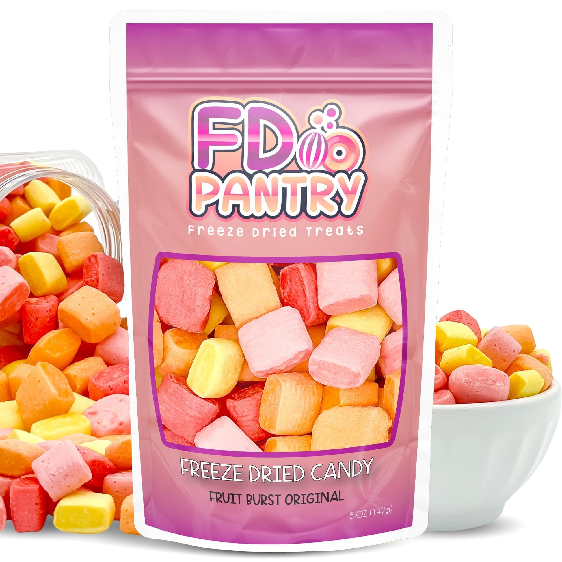 Freeze Dried Fruit Bursts Candy - Original Hard Candy Mix 5oz Treat Snack Gift Bag Cherry, Strawberry, Lemon, Orange Candies Fre
