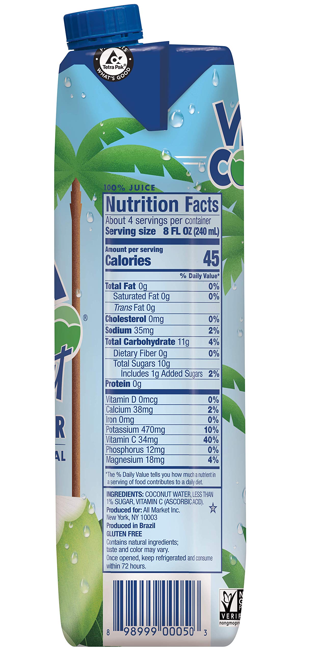 Vita Coco Coconut Water, Pure, 33.8 Fl Oz