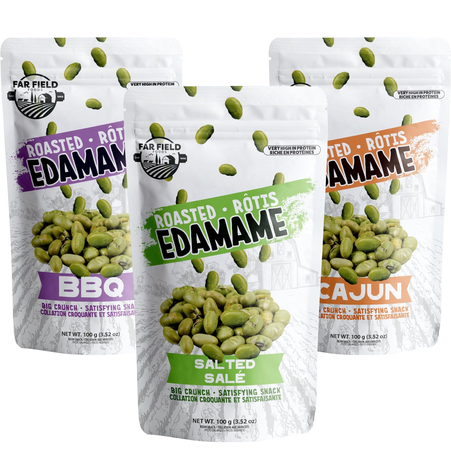 Far Field - Crunchy Roasted Edamame Beans, ( Salted, BBQ, Cajun ), High Protein Snack packed with 42 g of Plant Protein per Bag,