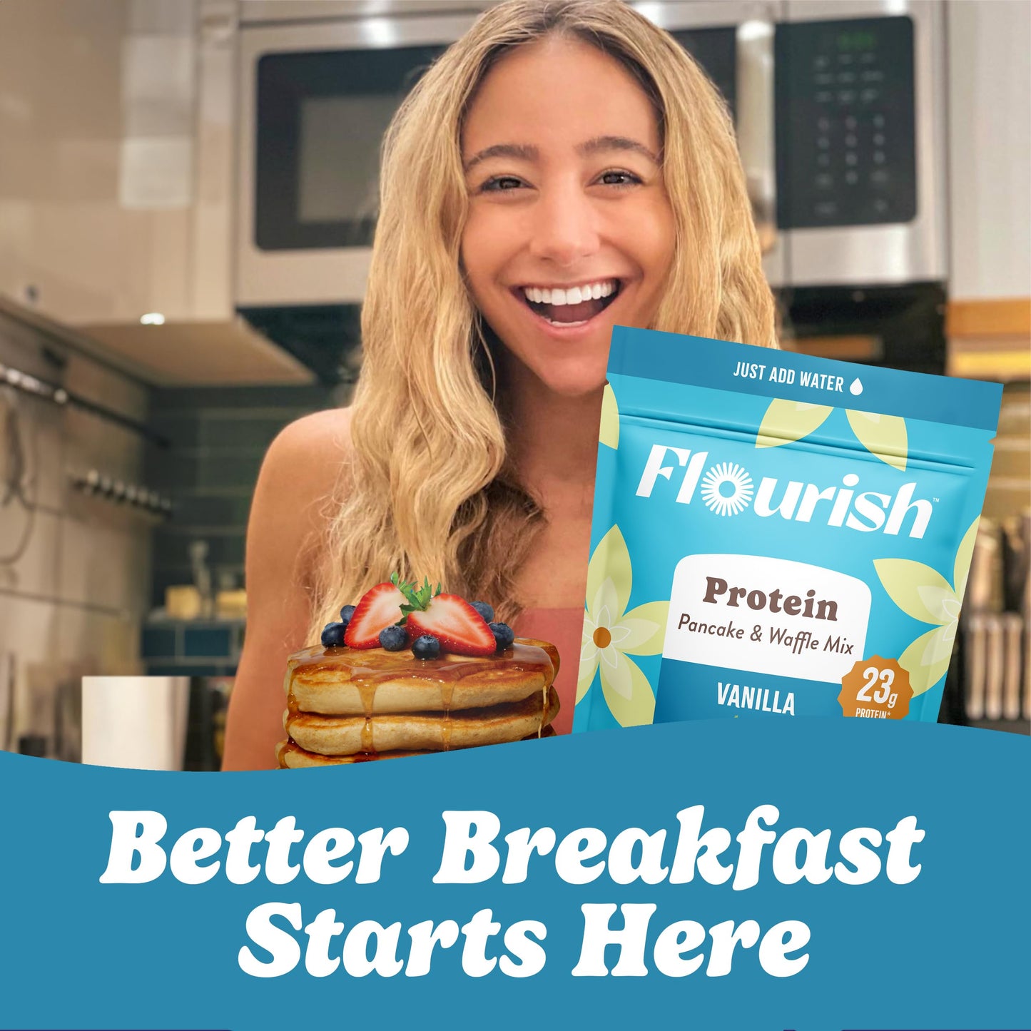 Flourish Protein Pancake & Waffle Mix, High Protein & Fiber, No Added Sugar, Vanilla Flavour, 430g (2 Pack) - Made in Canada