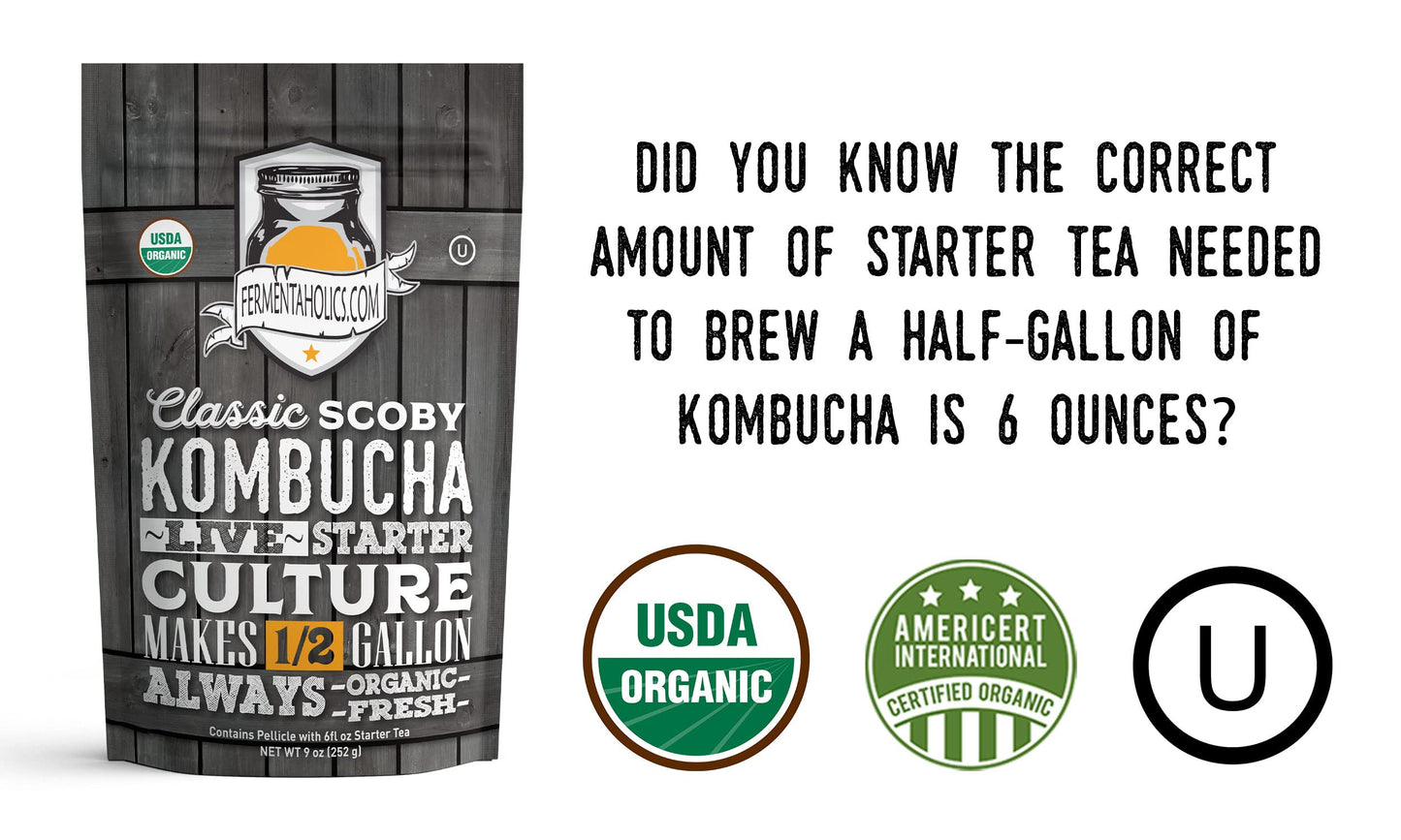 Fermentaholics Kombucha SCOBY Starter Culture - Six Ounces of Mature Starter Tea for Brewing Half Gallon Batch