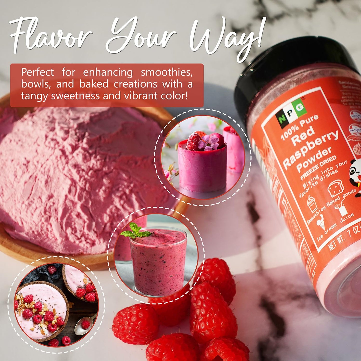Npg Freeze Dried Red Raspberry Juice Powder 7 Oz, Seedless Fine Superfood Powder For Flavoring, Coloring, Baking, Smoothies, Pur