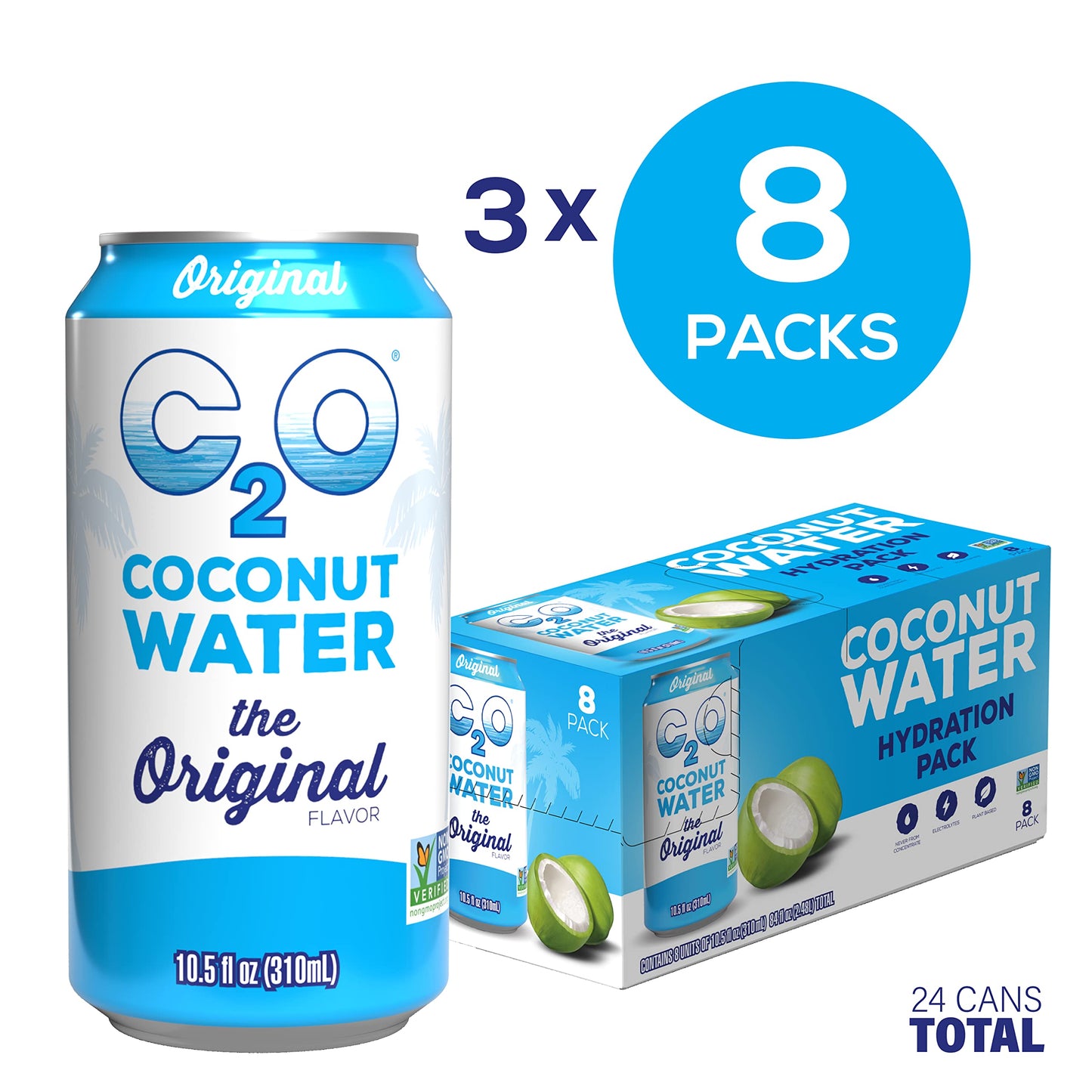 C2O - Coconut Water, The Original Flavor (24 Pack, 3 Boxes Of 8) - Made With Fresh Coconut Water - Plant Based, Non Gmo Canned Water - Natural Hydration, Electrolytes & Potassium - 24 Cans, 10.5 Fl Oz