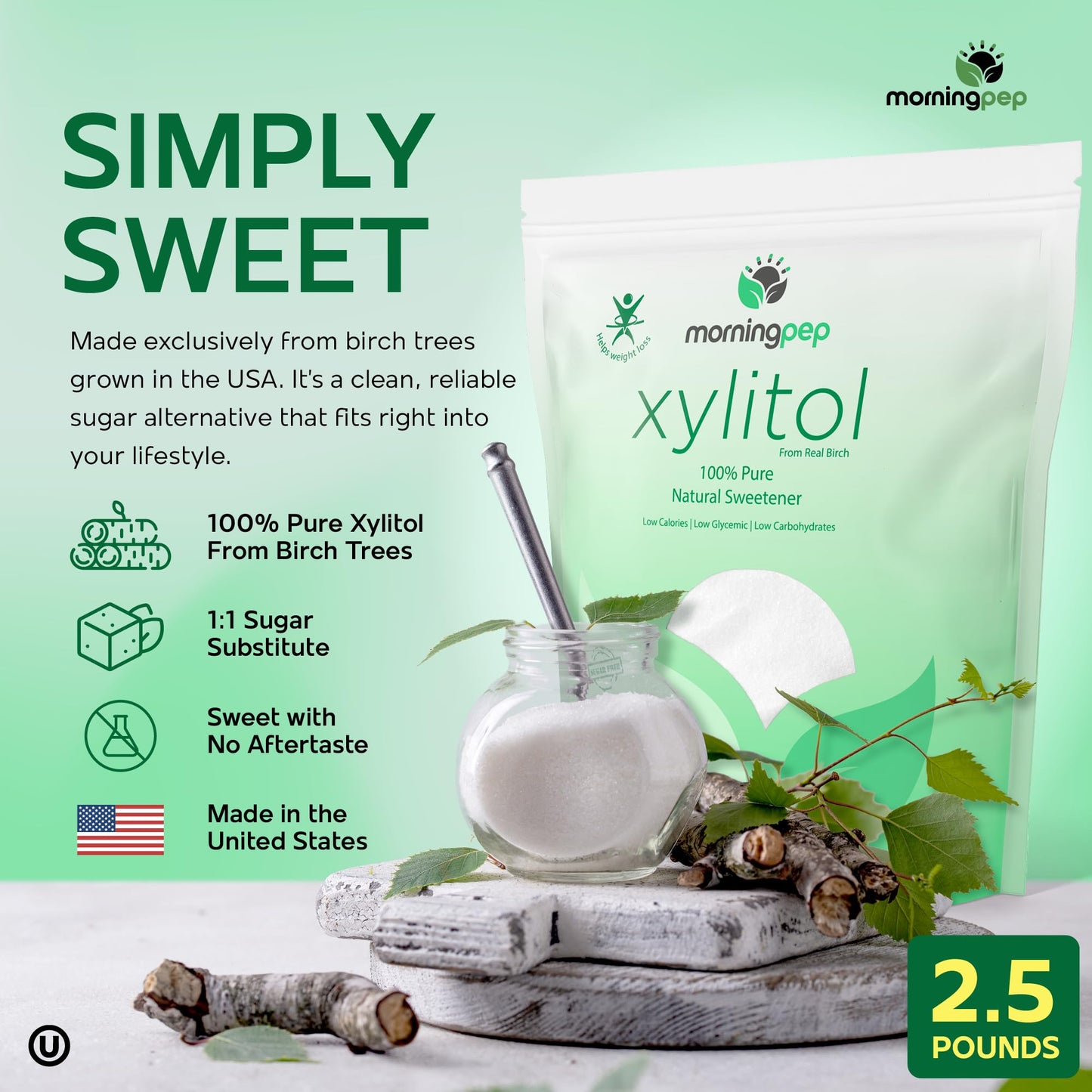 Morning Pep Pure Birch Xylitol (Keto Diet Friendly) Sweetener with no aftertaste 2.5 LBs (Not From Corn) NON GMO KOSHER GLUTEN F