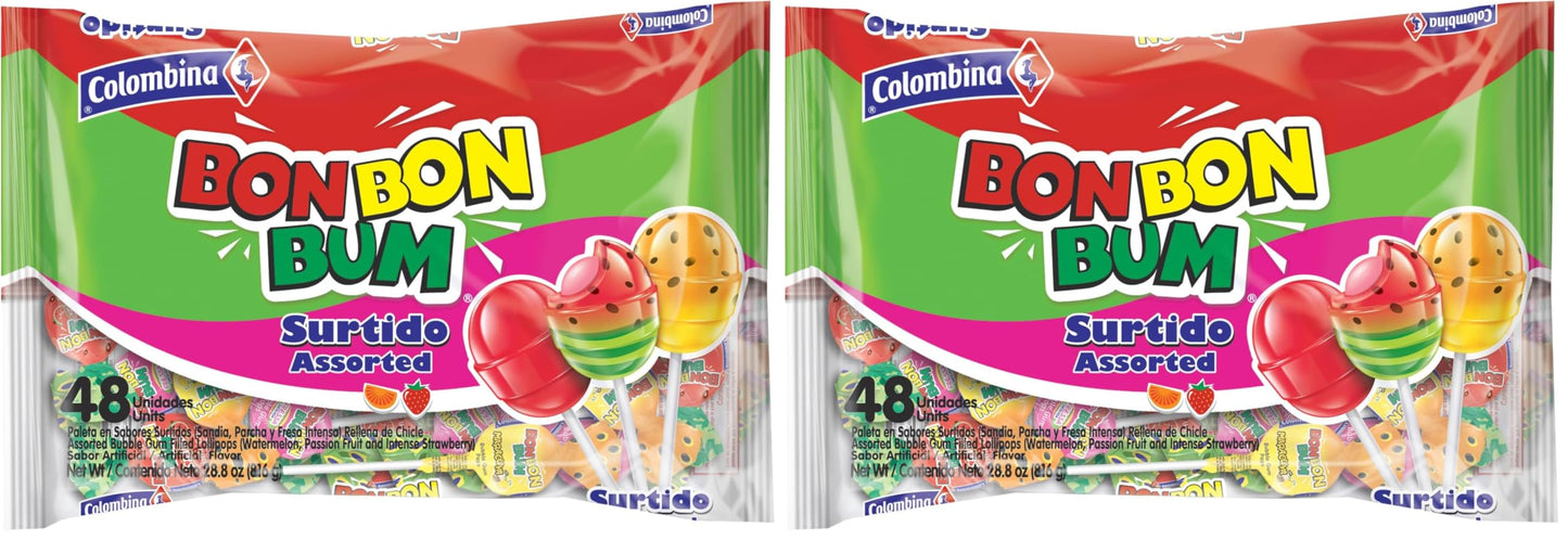 Colombina Bon Bon Bum Lollipops, Assorted Flavor, 48 Count (Pack of 2)