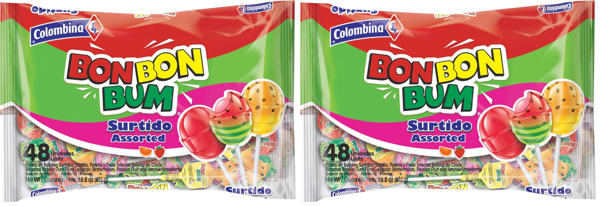 Colombina Bon Bon Bum Lollipops, Assorted Flavor, 48 Count (Pack of 2)