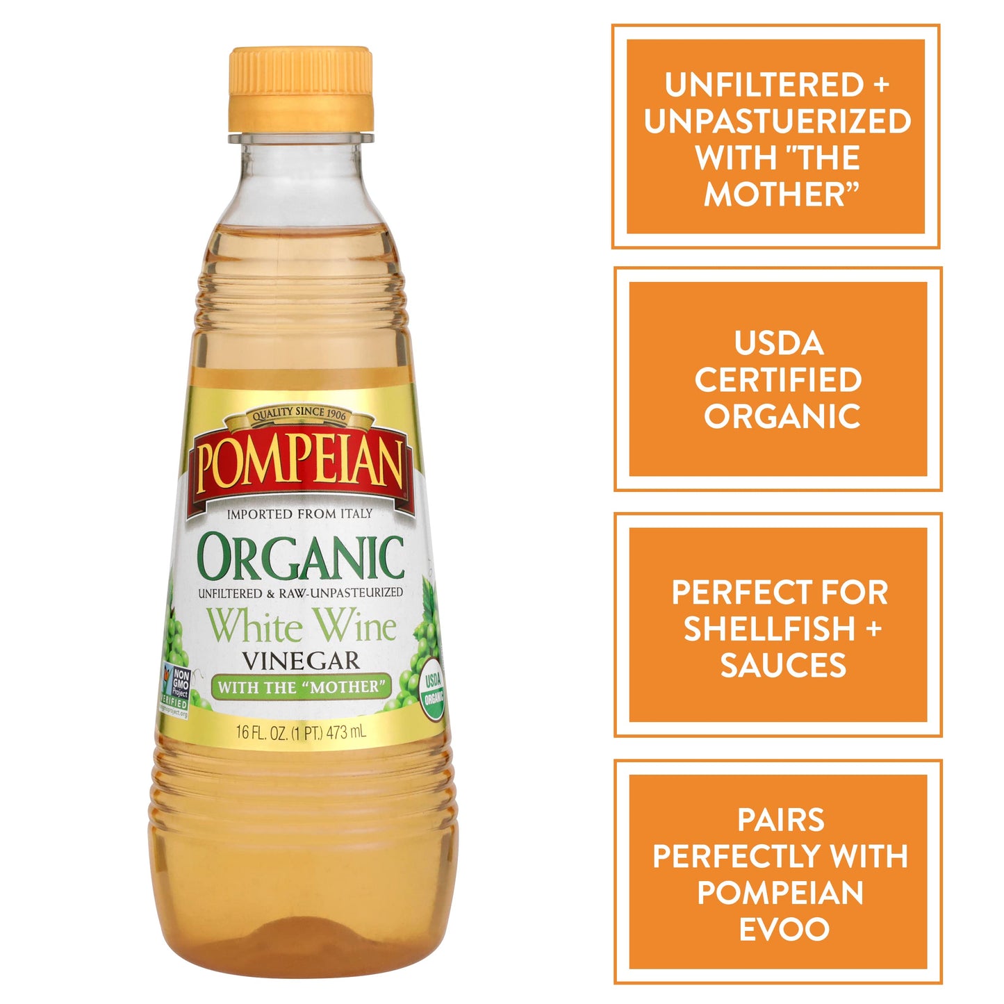 Pompeian Gourmet Organic White Wine Vinegar, Unfiltered, 16 FL OZ, Pack of 6