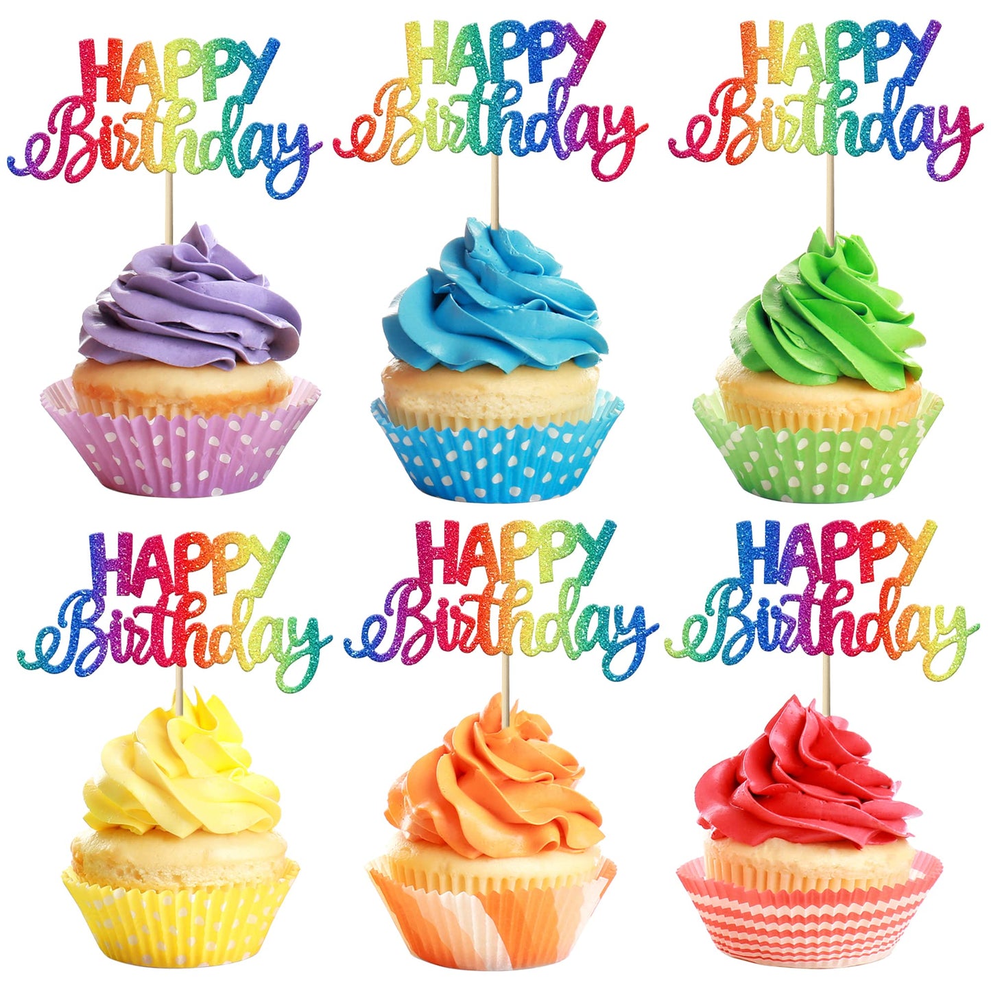 YCTHUNFISH Glitter Cupcake Toppers, 24 Pack, Happy Birthday & Baby Shower, W 2.5 inches x H 4.2 inches, Multi-colored