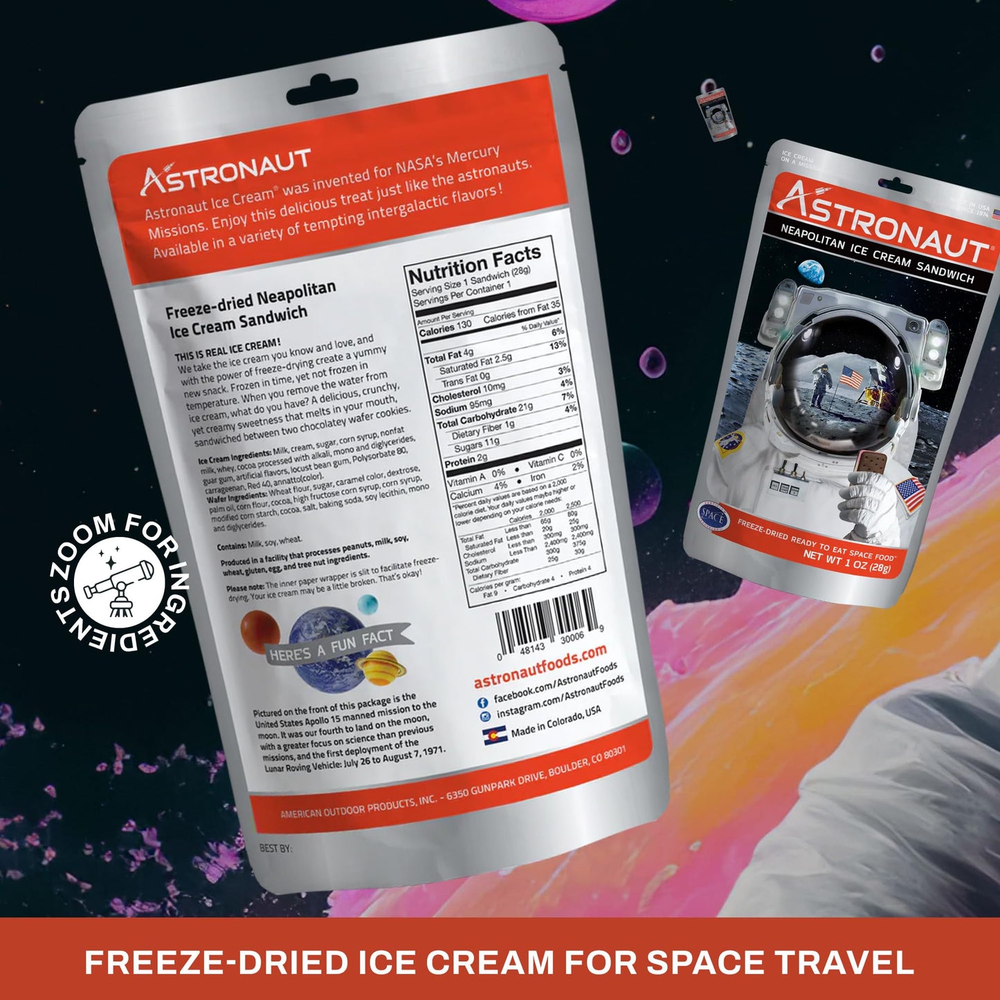 Astronaut Foods Freeze-Dried Ice Cream Sandwich, Nasa Space Dessert, Neapolitan, 6 Count