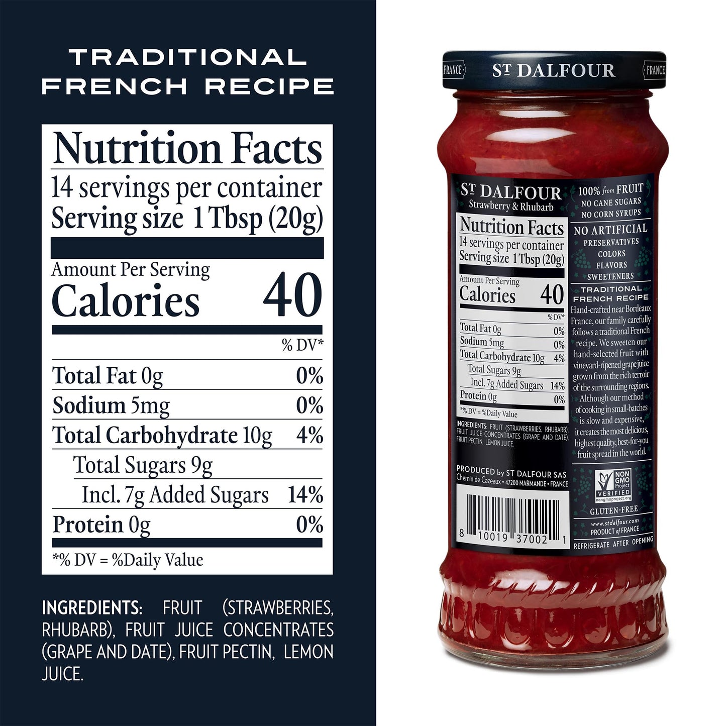 St. Dalfour Strawberry & Rhubarb Fruit Spread - 10oz - 100% from Fruit & Rhubarb  No Artificial Ingredients  Non-GMO  No Cane Sugars  All Natural