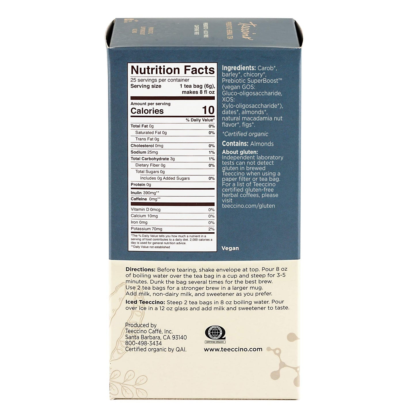 Teeccino Herbal Tea - Macadamia Nut Flavor, Prebiotic SuperBoost, 25 Tea Bags, Vegan GOS & Organic XOS, Good Gut Health