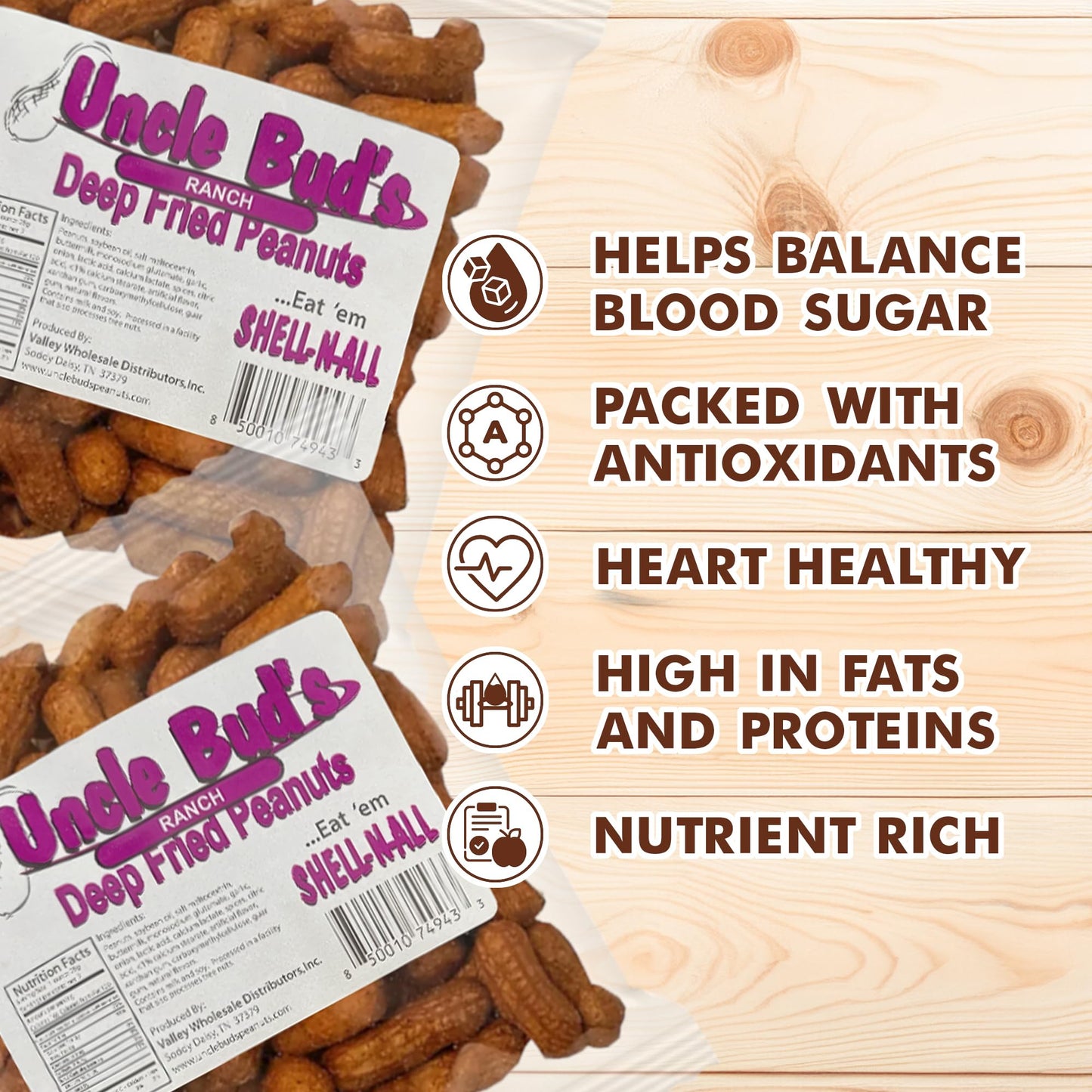 Jerky-n-Spice Deep Fried Peanuts in Shell, Ranch Flavor, 2-Pack, 7 oz per bag, High-Protein Snack, USA Made