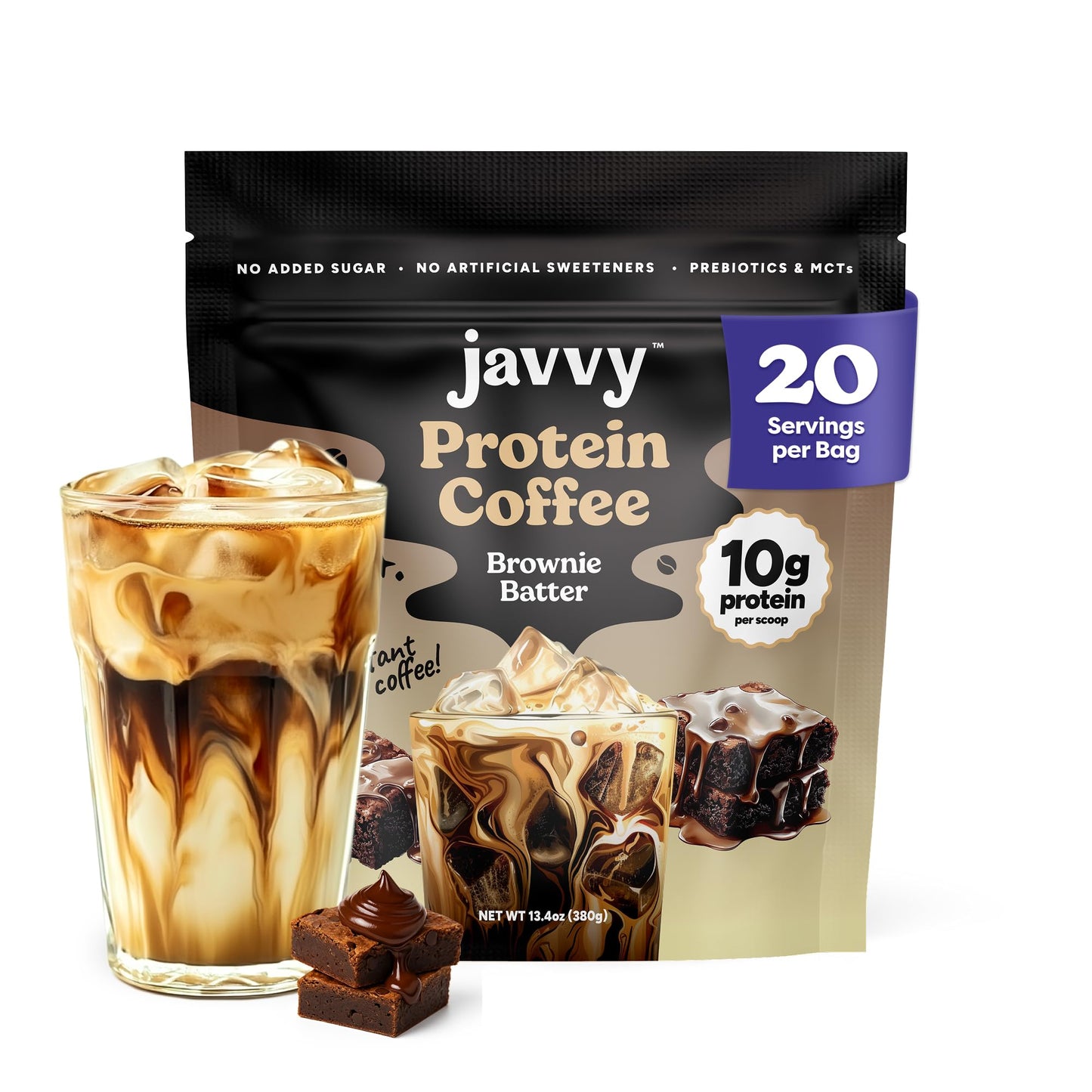Brownie Batter Protein Iced Coffee - Top-Grade Whey Protein & Instant Iced Coffees - 100% Natural Cold Brew - Zero Artificial Flavors & Sweeteners  80 Mg Energy Blend  No Added Sugar  20 Servings