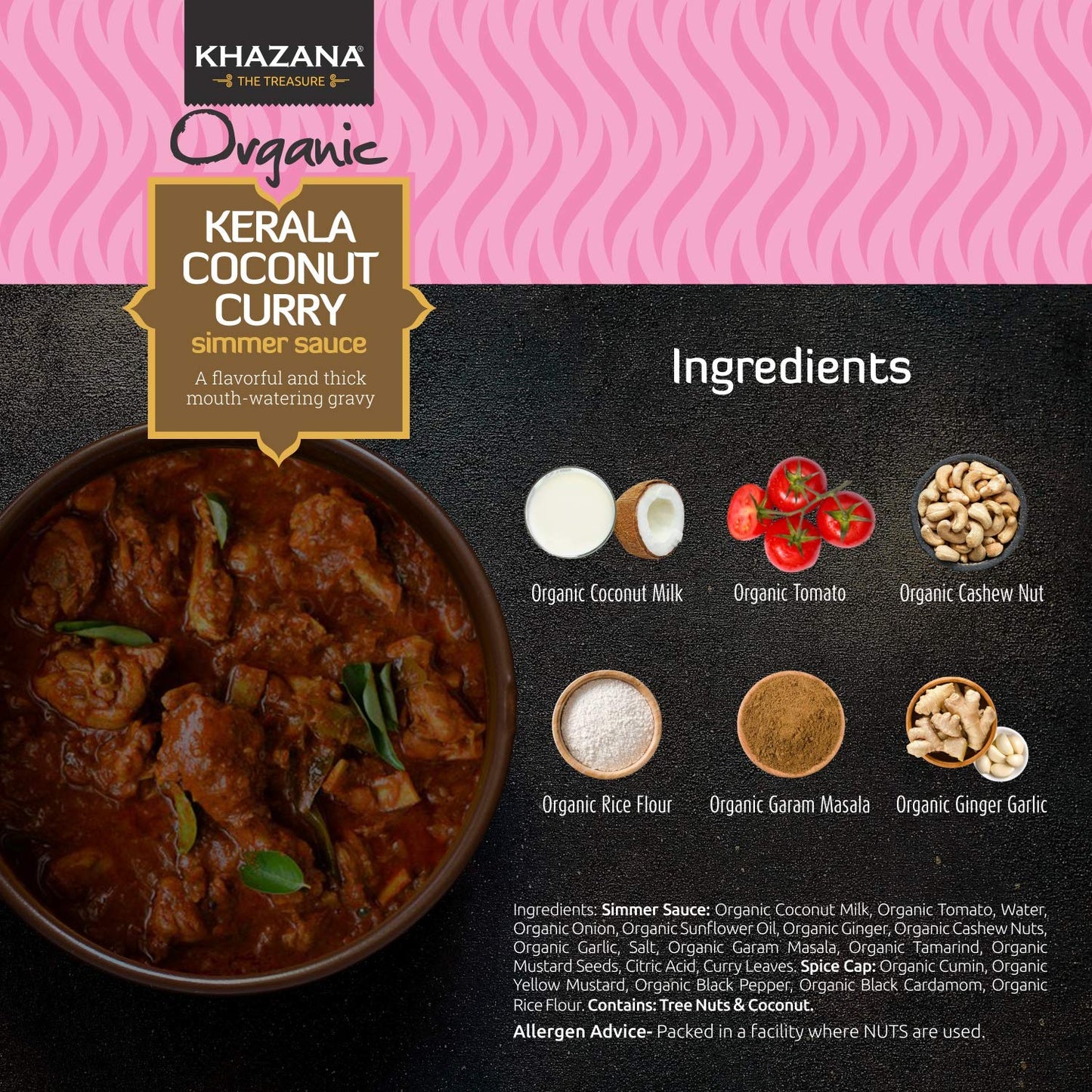 Khazana Organic Kerala Coconut Curry Indian Simmer Sauce - 6 X 12.7Oz Jars | Non-Gmo, Vegan, Gluten Free, Kosher | Authentic Ind