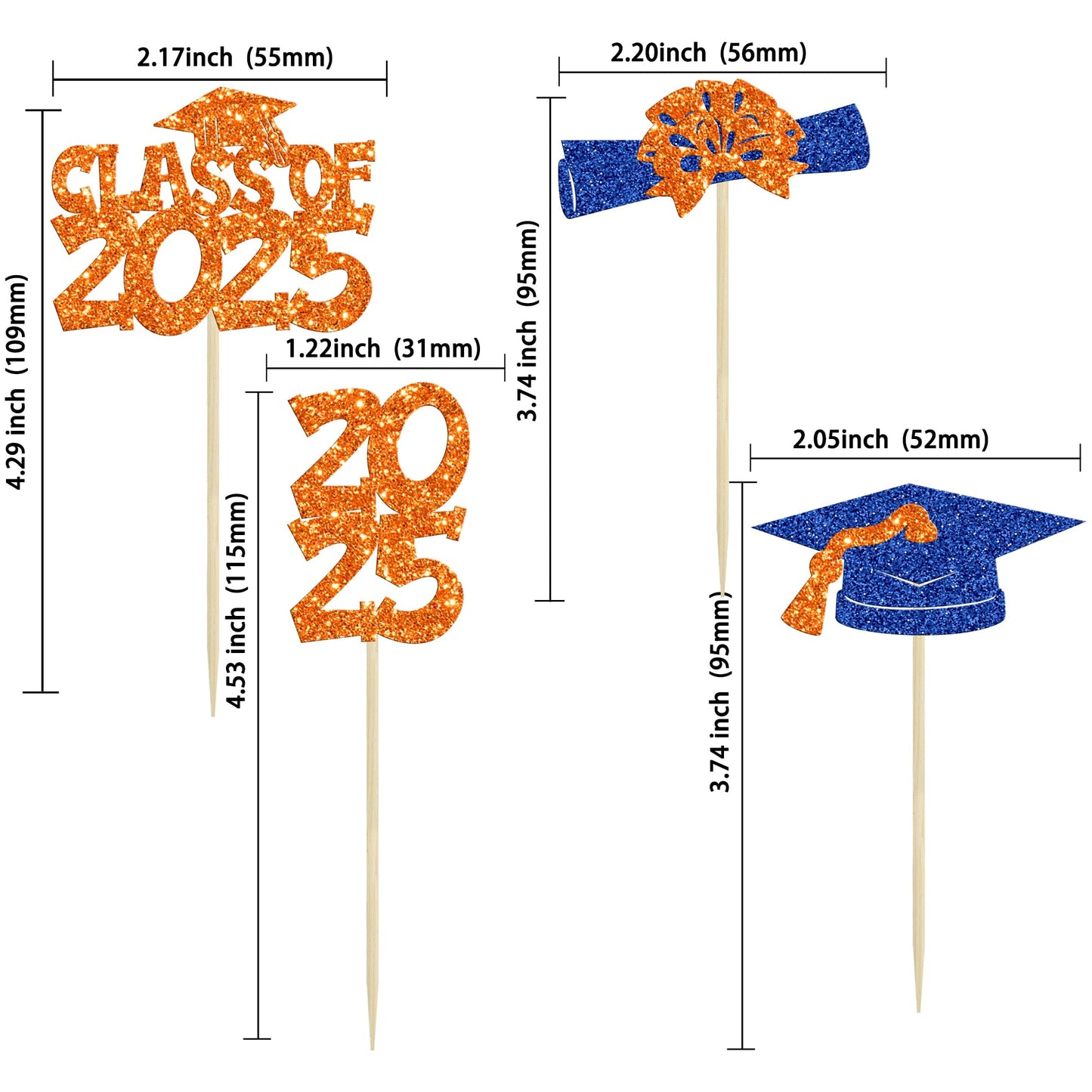 Ephlyn Graduation Cupcake Toppers 36Pcs Glitter Class of 2025 Orange Blue Paper Decorations