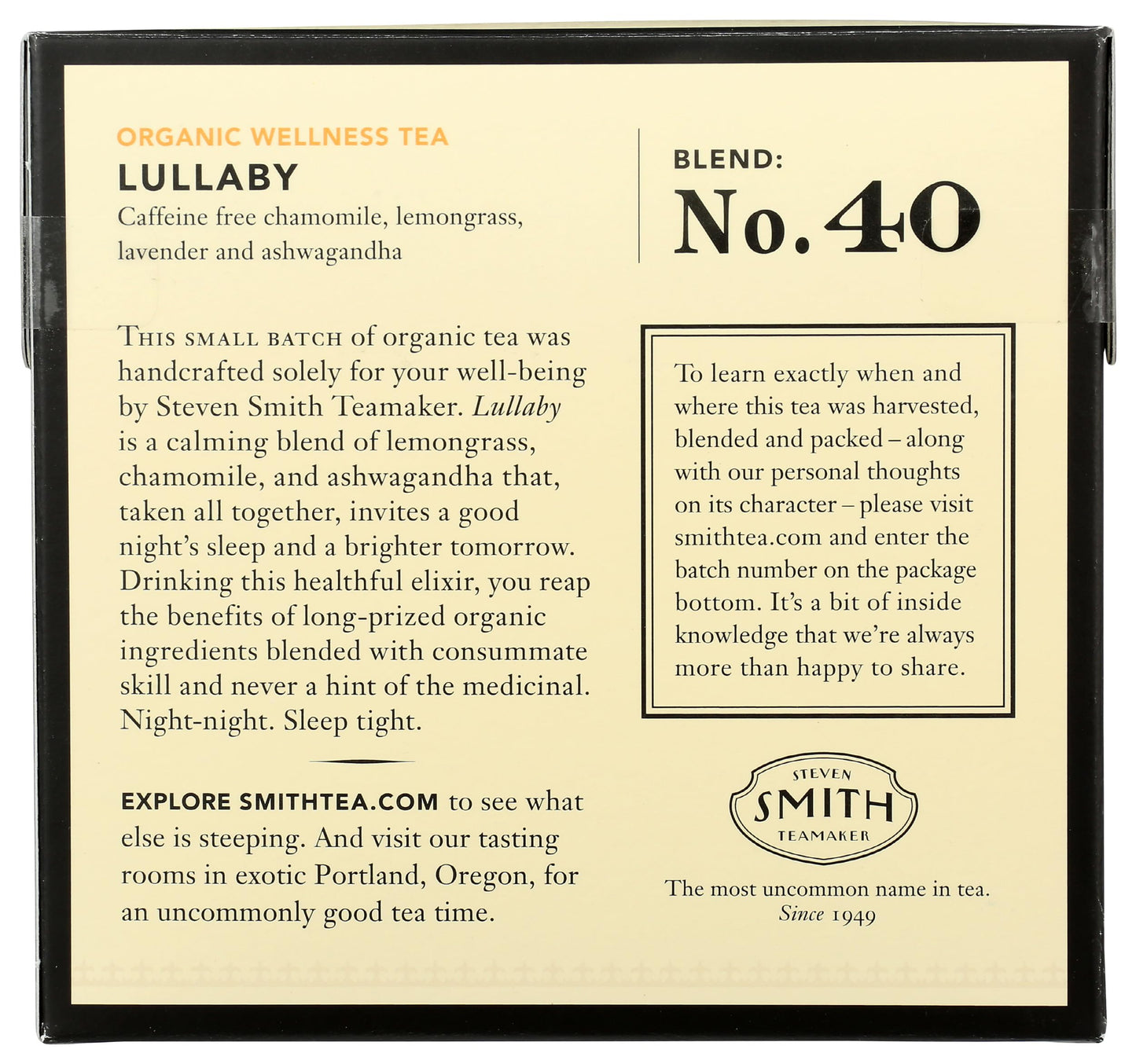 Steven Smith Teamaker Lullaby No. 40, Chamomile, Lemongrass, Lavender, Ashwagandha, Caffeine-Free, Organic Relaxing & Bedtime Wellness, Sugar-Free, Herbal Tea Bags, 15 Sachets, 0.95Oz Each
