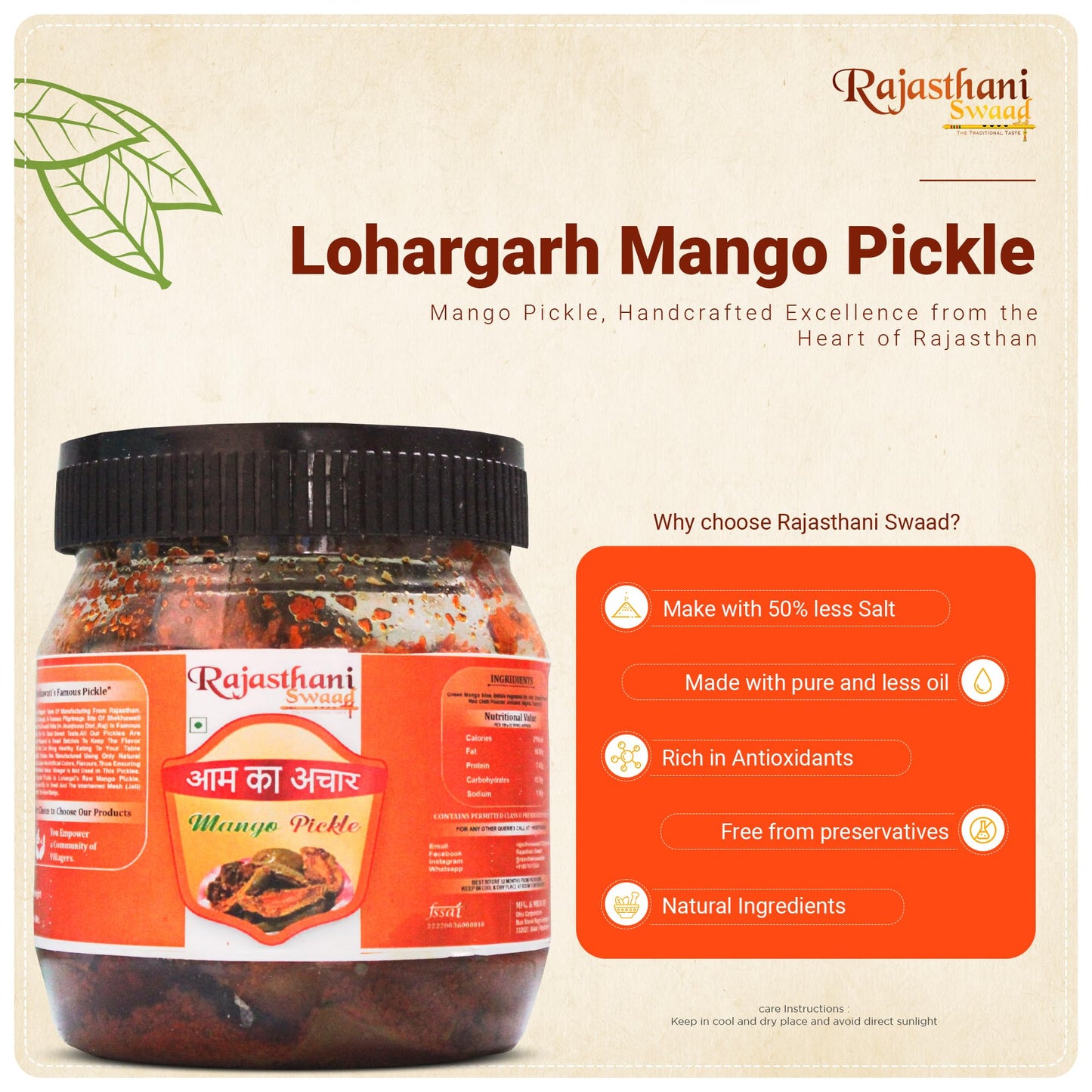 Rajasthani Swaad Raw Mango Pickle Homemade Aam Ka Achar Dry Masaledar Organic Keri Mango Pickle (Made In Khachi Ghani Mustard Oi