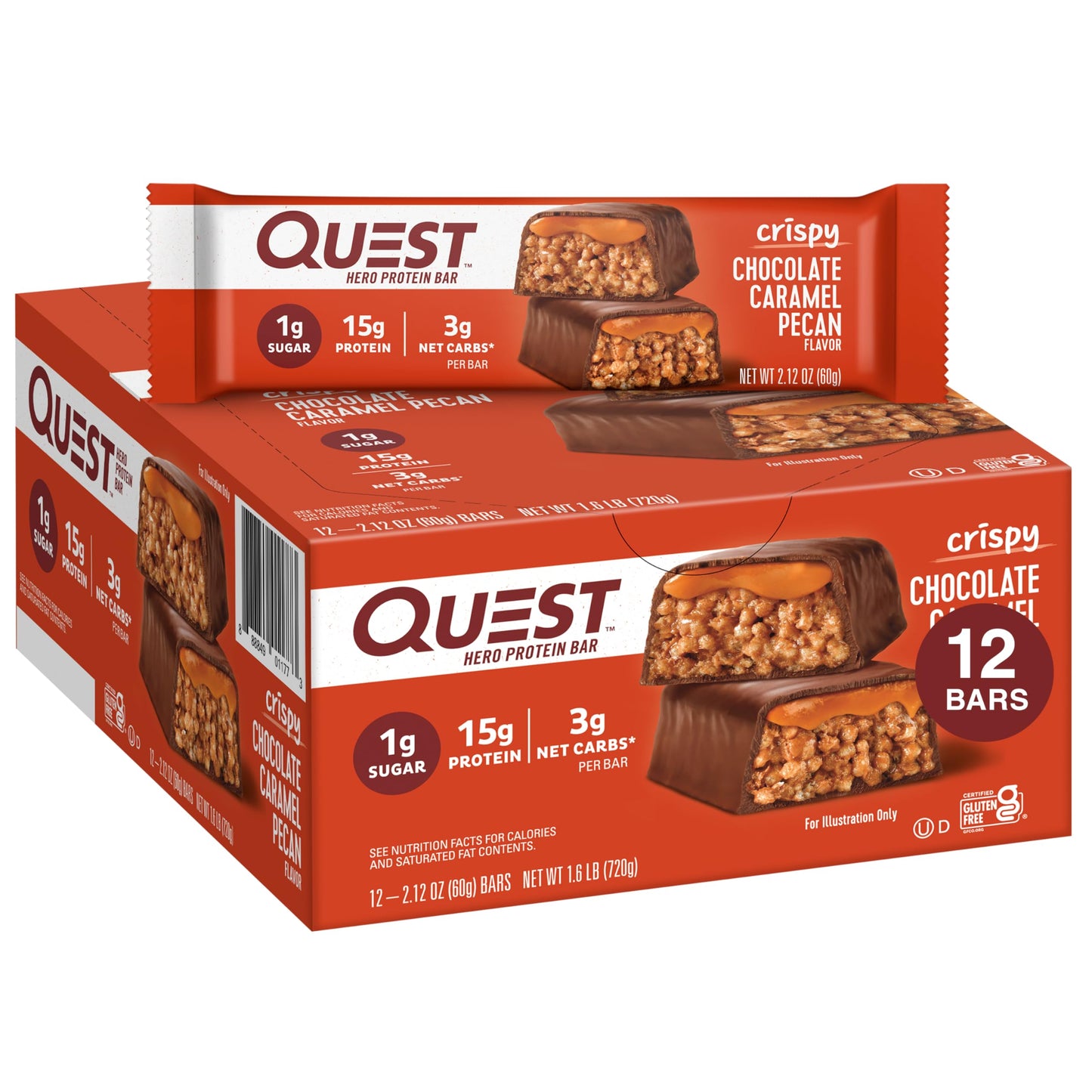 Quest Nutrition Crispy Chocolate Caramel Pecan Hero Protein Bar, 15G Protein, 1G Sugar, 3G Net Carb, Gluten Free Protein Snack, 