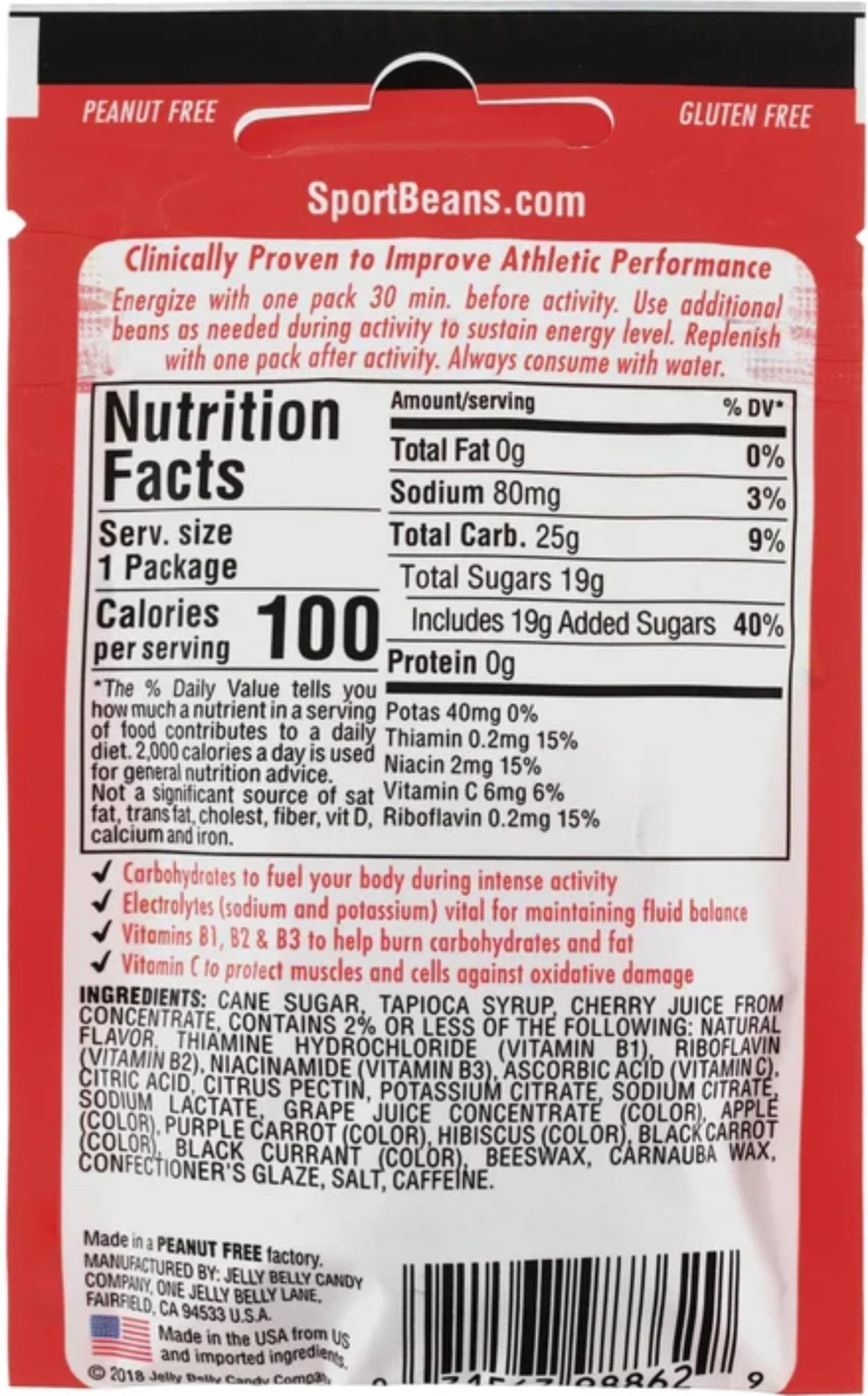 Jelly Belly Extreme Sport Beans, Caffeinated Jelly Beans, Cherry Flavor, 1 oz Each, Pack of 24, Mixed Color