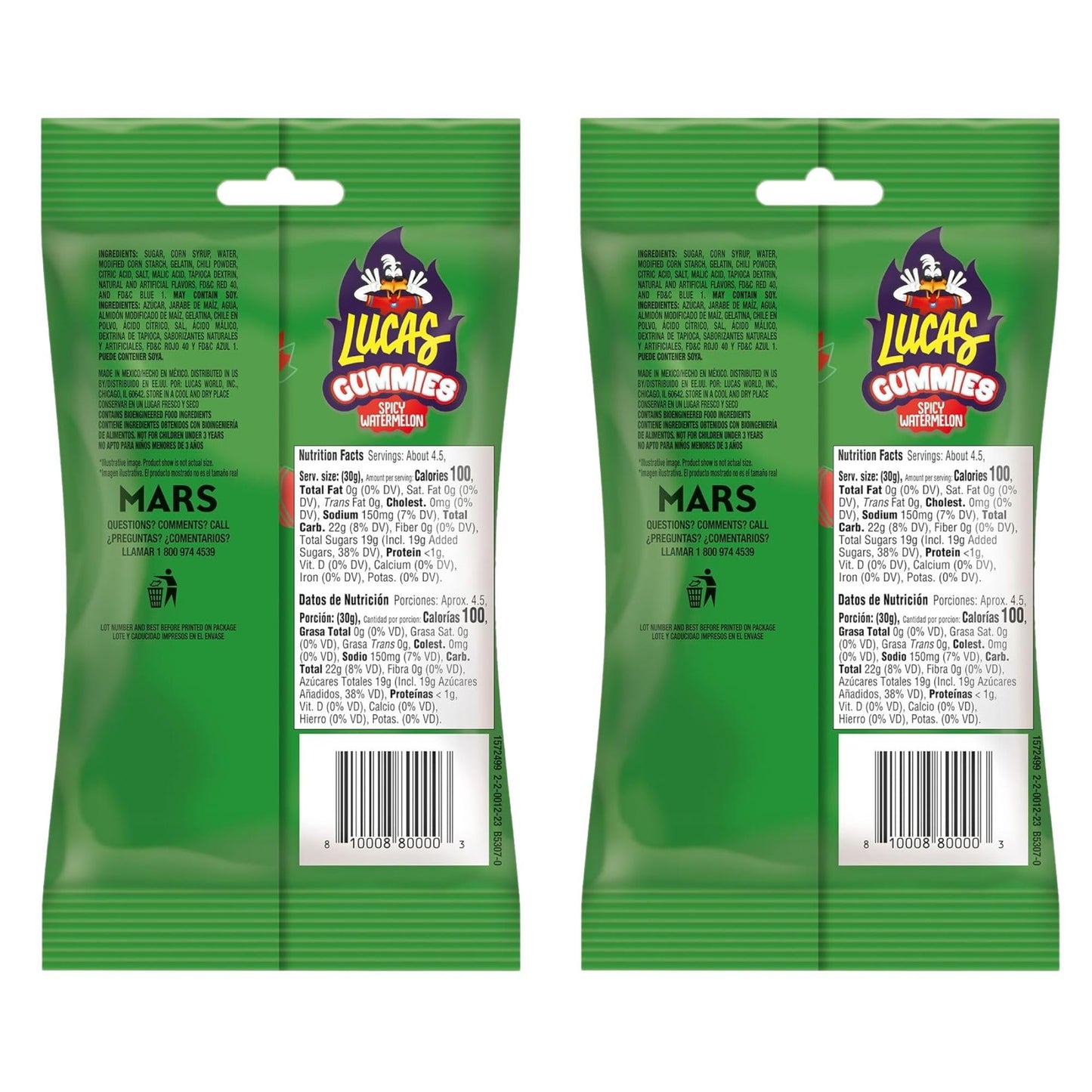 Lucas Spicy Gummies Watermelon Flavor, 2 Bags Of 4.58Oz Each - Tangy, Sweet, And Spicy & Chili Gummy Candy