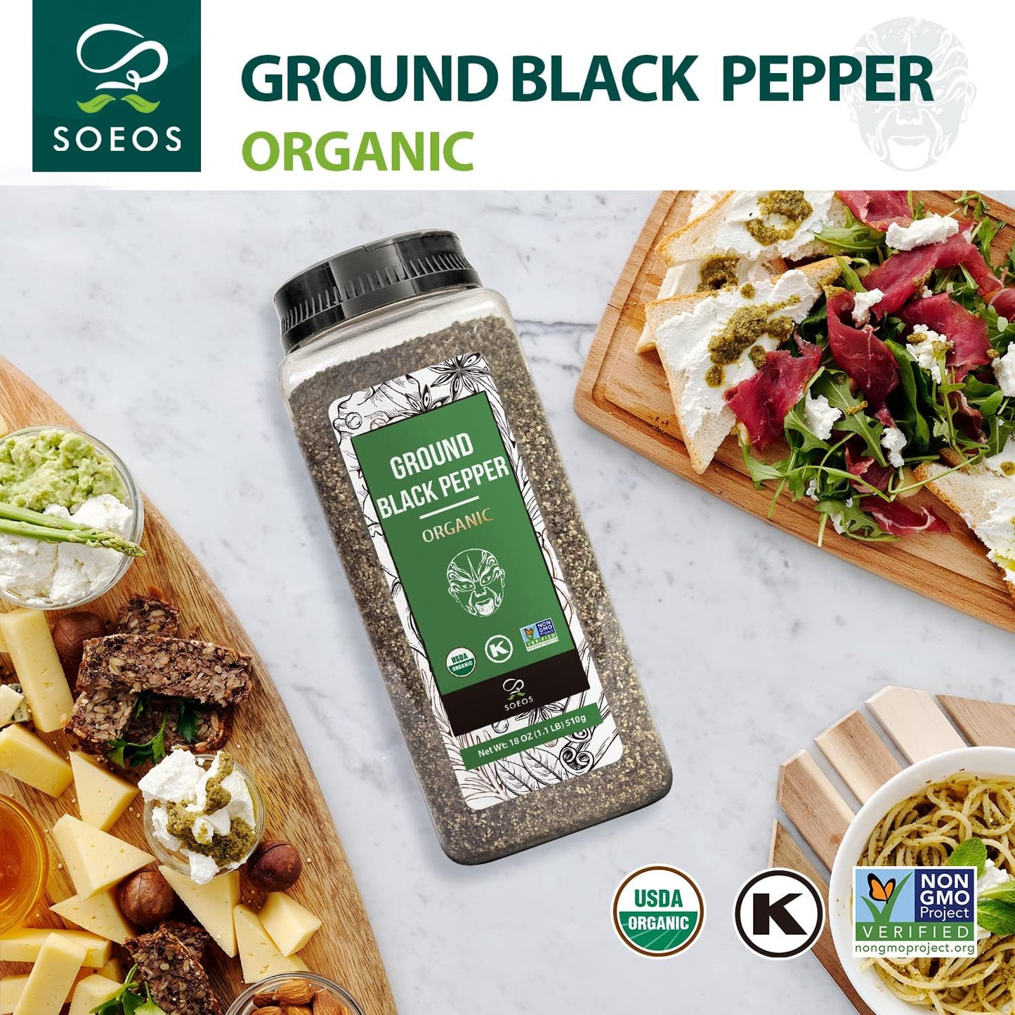 Soeos Ground Black Pepper, Non-Gmo, Freshly Peppercorn Powder Bulk, Packed To Keep Peppers Fresh, Ready To Use Peppercorns For Refill, 18 Oz (510G), Organic