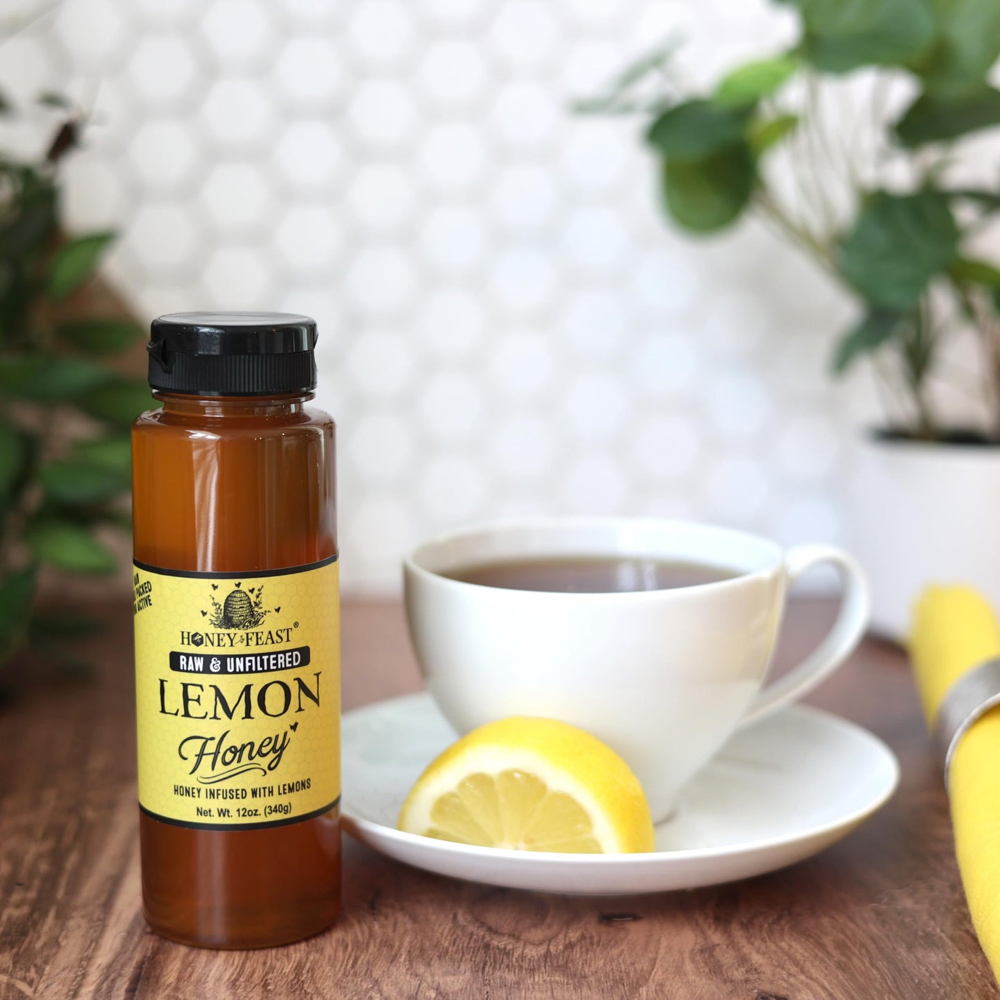 Honey Feast Organic Lemon Honey 12Oz | Raw Unfiltered Honey Infused With Florida Organic Lemon Zest | Perfect For Tea, Gourmet D