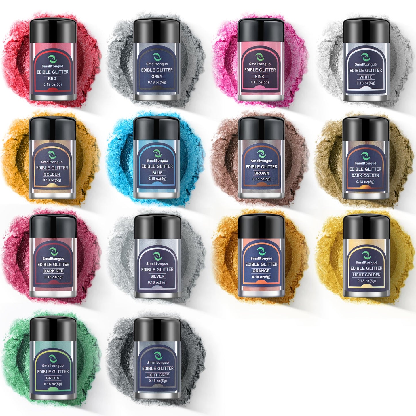 Smalltongue Edible Glitter, Food Grade Luster Dust, 14 Colors, 5g per Bottle
