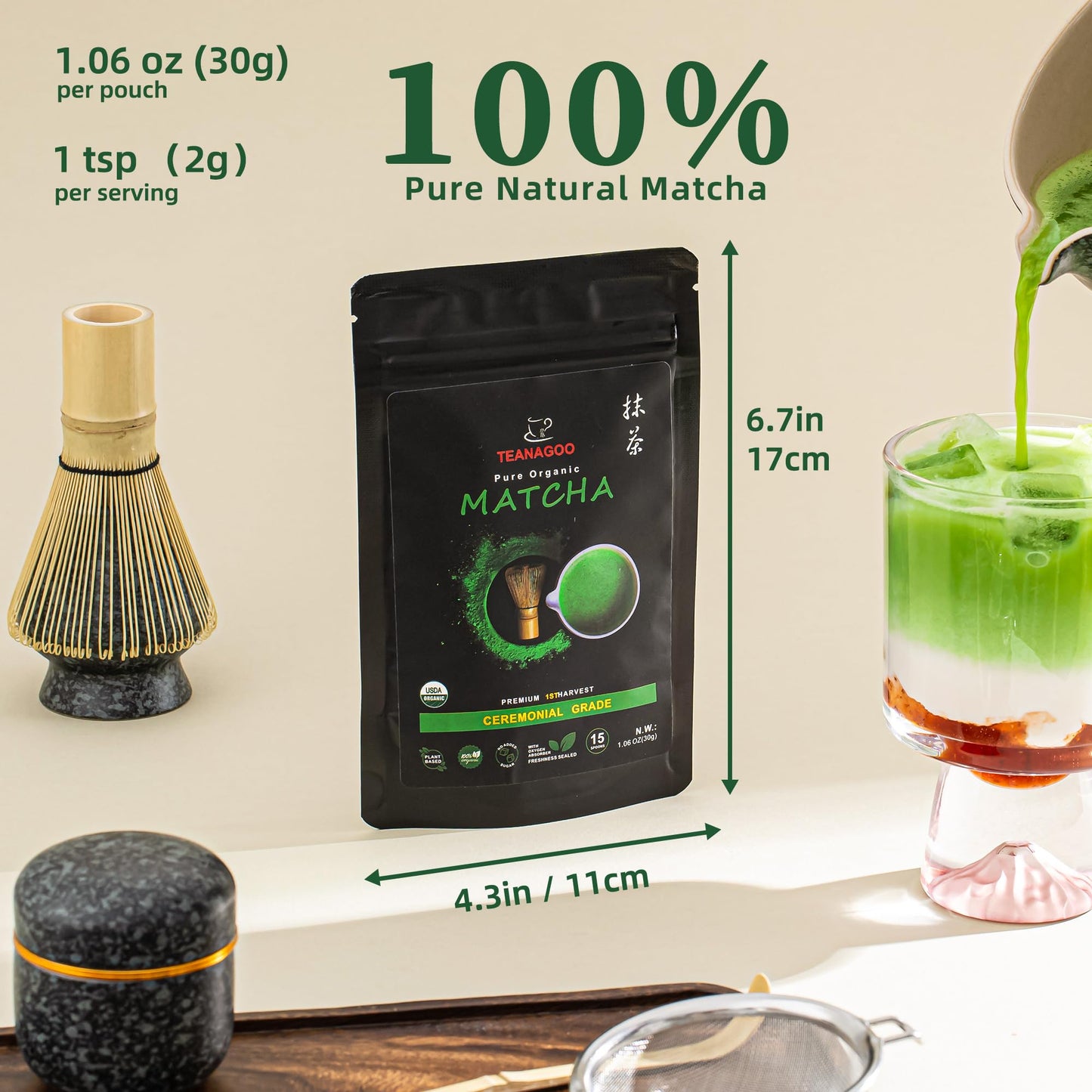 TEANAGOO Matcha Powder, Ceremonial Grade, USDA Organic, Unsweetened, 1.06oz (30g)