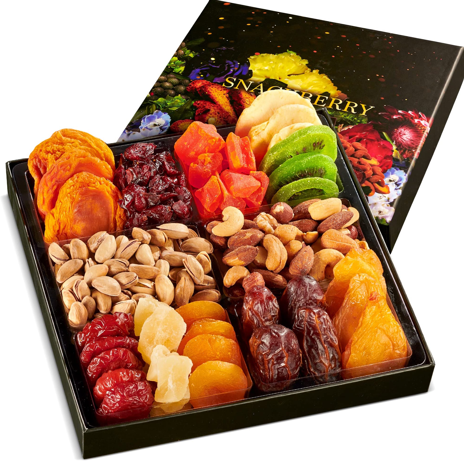 Snackberry Dried Fruit & Nuts Gift Basket Platter, Gourmet Snack Box, Healthy Kosher, 12 Assortment, Single
