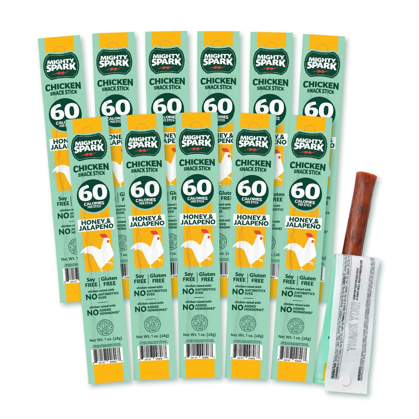 Mighty Spark Chicken Snack Sticks - Honey and Jalapeno - 6g of Protein  No s Ever  No  s Added  Gluten Free  Soy Free Meat Sticks - High Protein Keto Snacks  Weight Watchers Approved Snacks - 12 Count