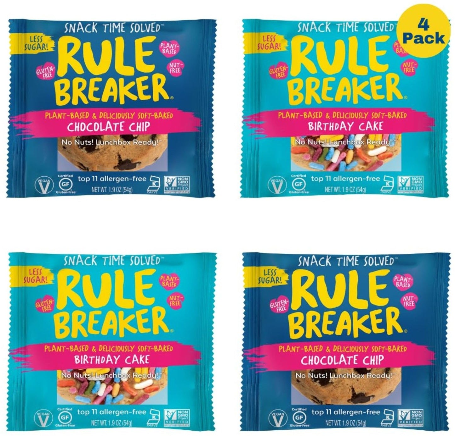 Rule Breaker Vegan & Gluten Free Cookies | Birthday Cake & Chocolate Chip | Plant-Based  Top 11 Allergen-Free | Soft-Baked  Great Snacks For Kids & 18+ Uses  Individually Wrapped (Pack Of 4)