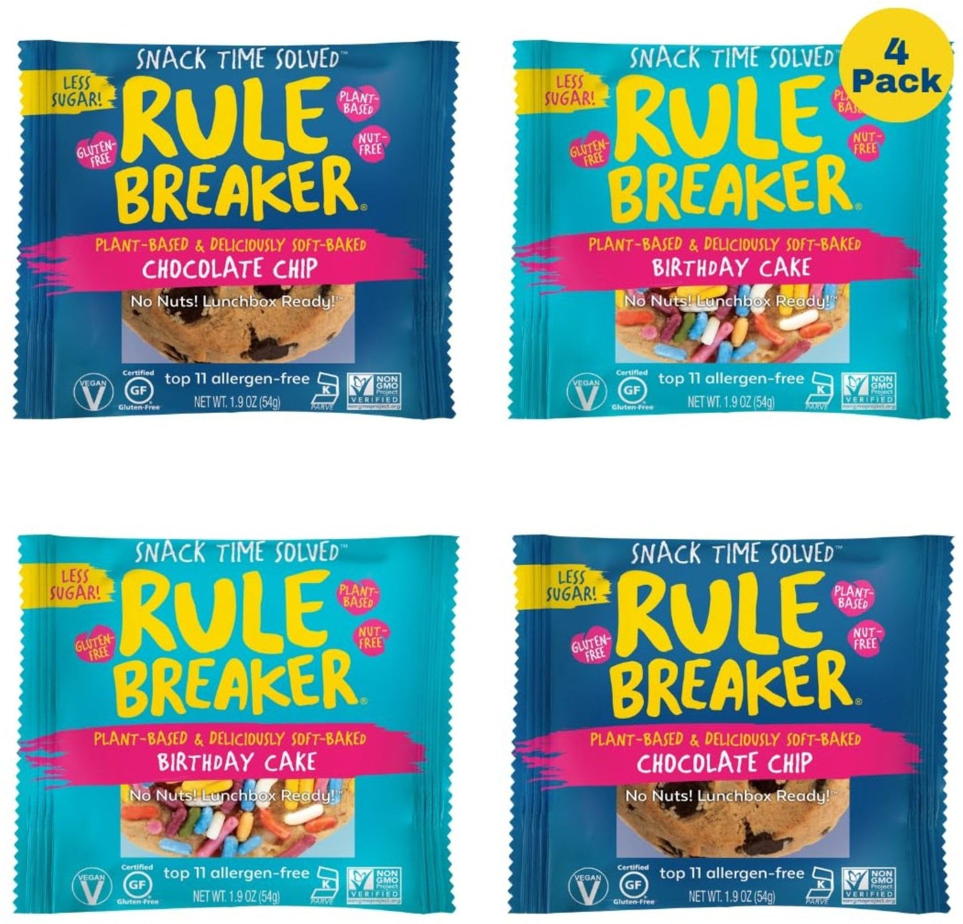 Rule Breaker Vegan & Gluten Free Cookies | Birthday Cake & Chocolate Chip | Plant-Based  Top 11 Allergen-Free | Soft-Baked  Great Snacks For Kids & 18+ Uses  Individually Wrapped (Pack Of 4)