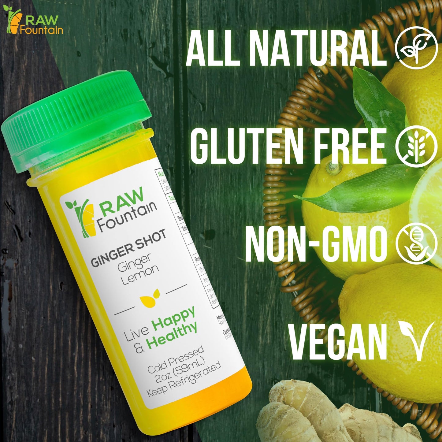 20 Ginger Shots With Lemon 2Fl Oz, Vitamin C, Raw And Cold Pressed, Unpasteurized, Boosts Immunity, All Natural, No Artificial F