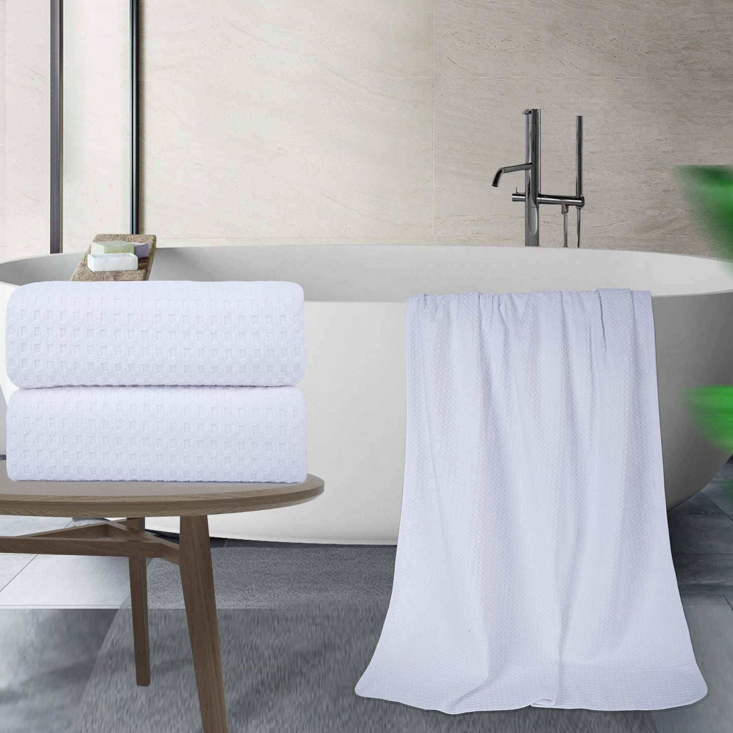Polyte Microfiber Oversize Quick Dry Lint Free Bath Towel, 60 X 30 In, Set Of 2 (White, Waffle Weave)